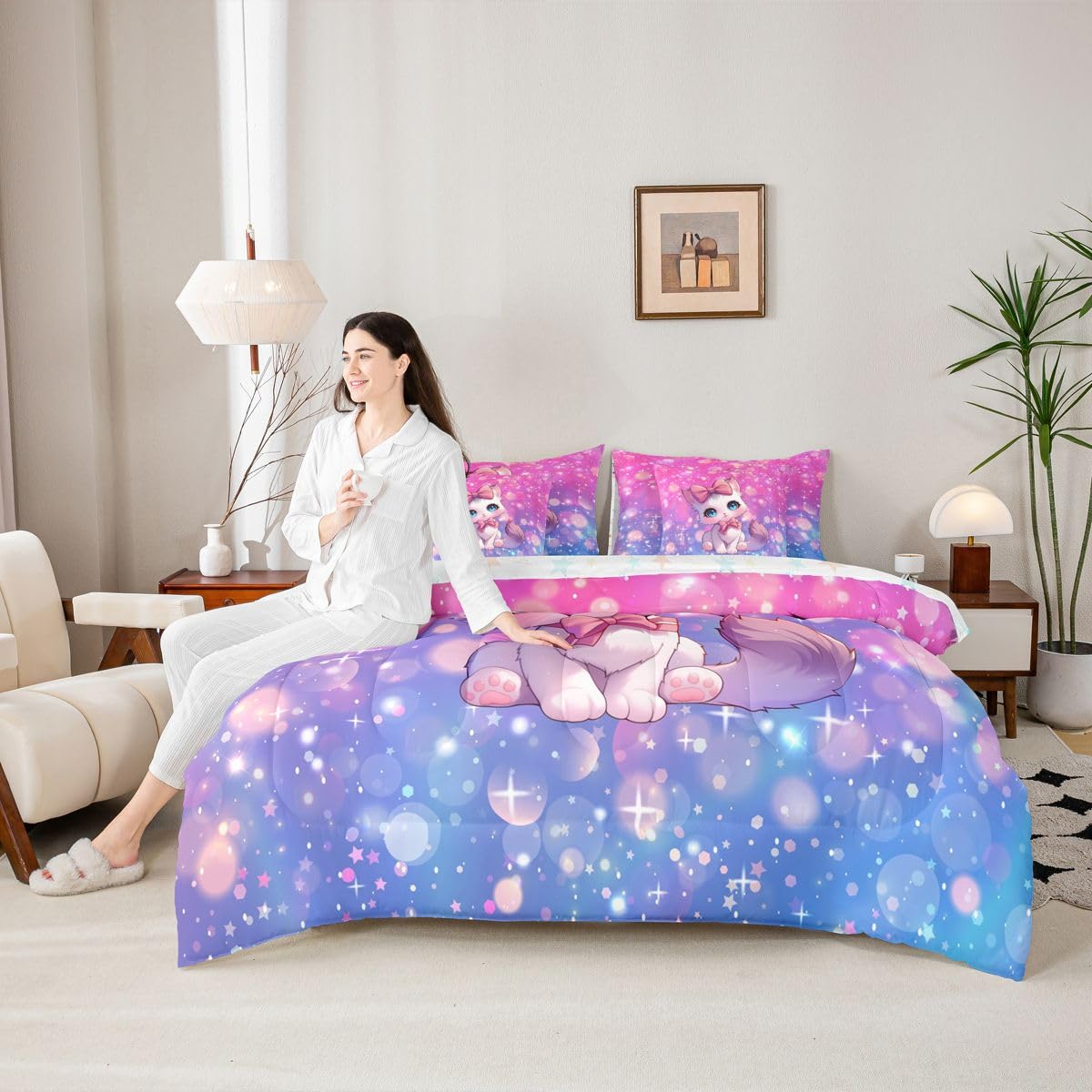 Feelyou Cat Twin Comforter Set with Sheets for Kids Boys Girls Cute Kitten 7 Pieces Bedding Set Cute Animal Bed in a Bag Cat Lover's Gift Room Decor Soft Lightweight Microfiber