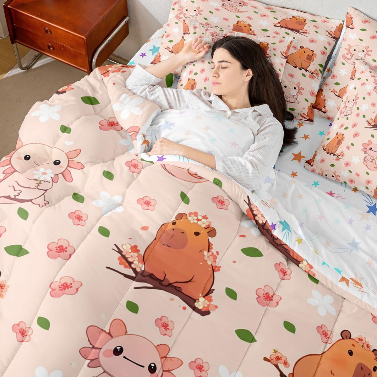 Erosebridal Cute Axolotl Queen Bedding Set Kids Cartoon Capybara Comforter Set for Boys Girls Teens Dreamy Pink Cherry Blossom 7-Piece Bed in a Bag Princess Cute Capybara Axolotl Quilt Sets