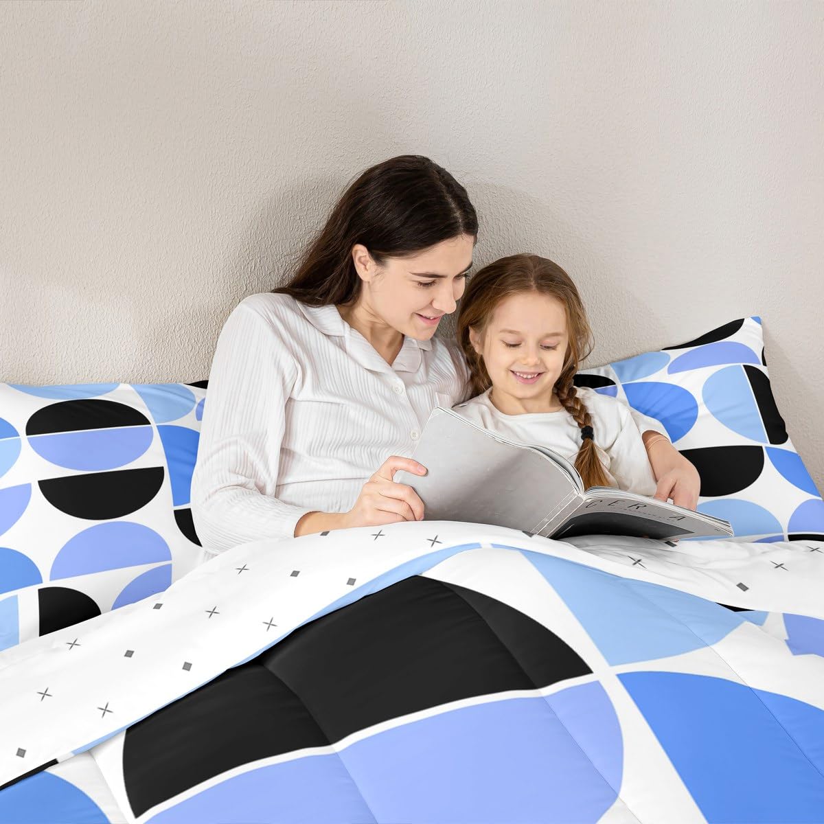 Erosebridal Blue and White Black Comforter Set Mid Century Bedding Set Queen Size,Modern Abstract Geometric Quilt for Kids Boys Girls Adults Retro Boho Art Down Comforter