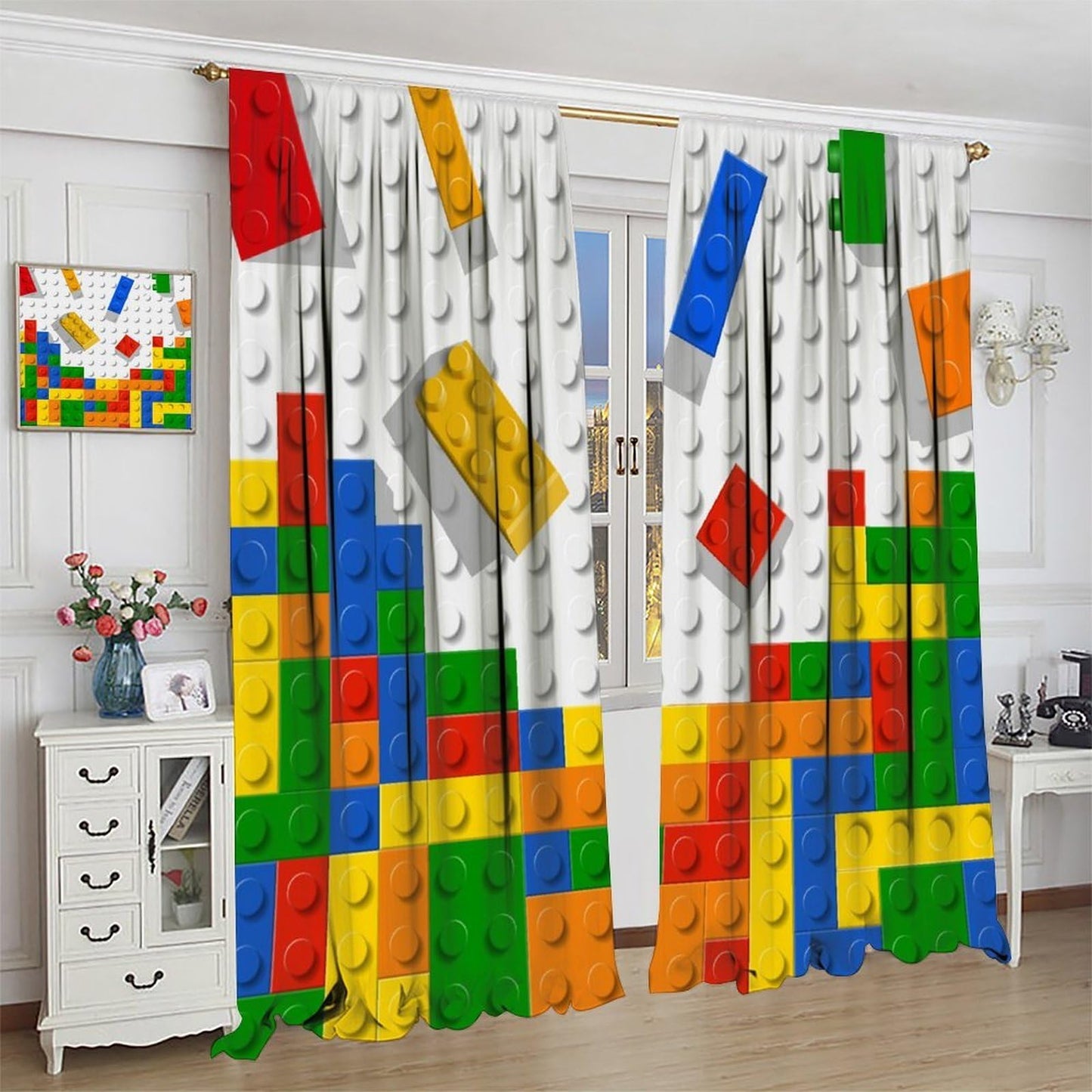 AAVEUP Building Blocks Curtains,Abstract Colorful Geometric Brick Constructor Toy Children's Puzzle Windows Treatments Rod Pocket Drapes for Nursery Baby Living Room Bedroom 42x44.5in（No Blackout）