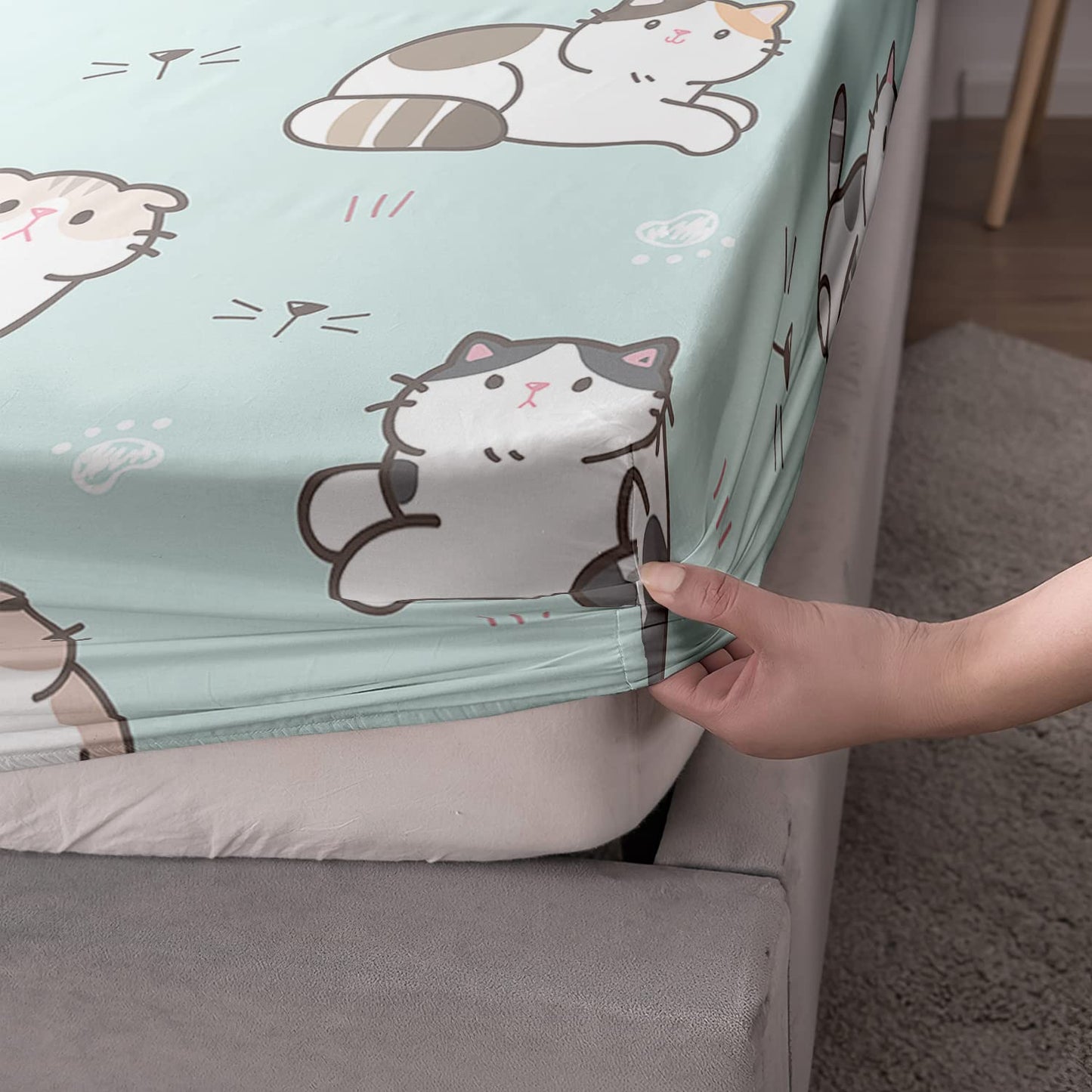 AILONEN Cat Fitted Sheet and Pillow Case Set, Queen Size, Cat Themed Bedding Decor for Girls, Kids and Teens (1 Fitted Sheet and 2 Pillow Case, 3 Piece)