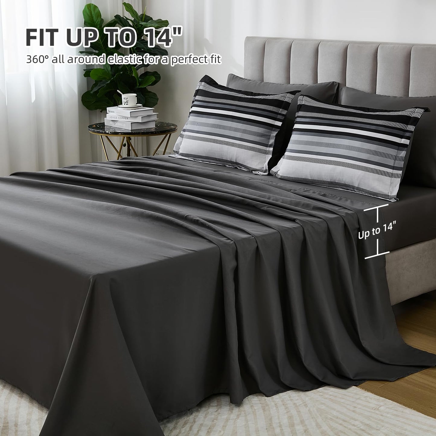 Dobuyly Black Comforters Queen Size Set 7 Pieces, Boho Striped Grey Bed in a Bag Queen Soft Microfiber Bedding Set with Comforter, Sheets, Pillowcases & Shams All Season