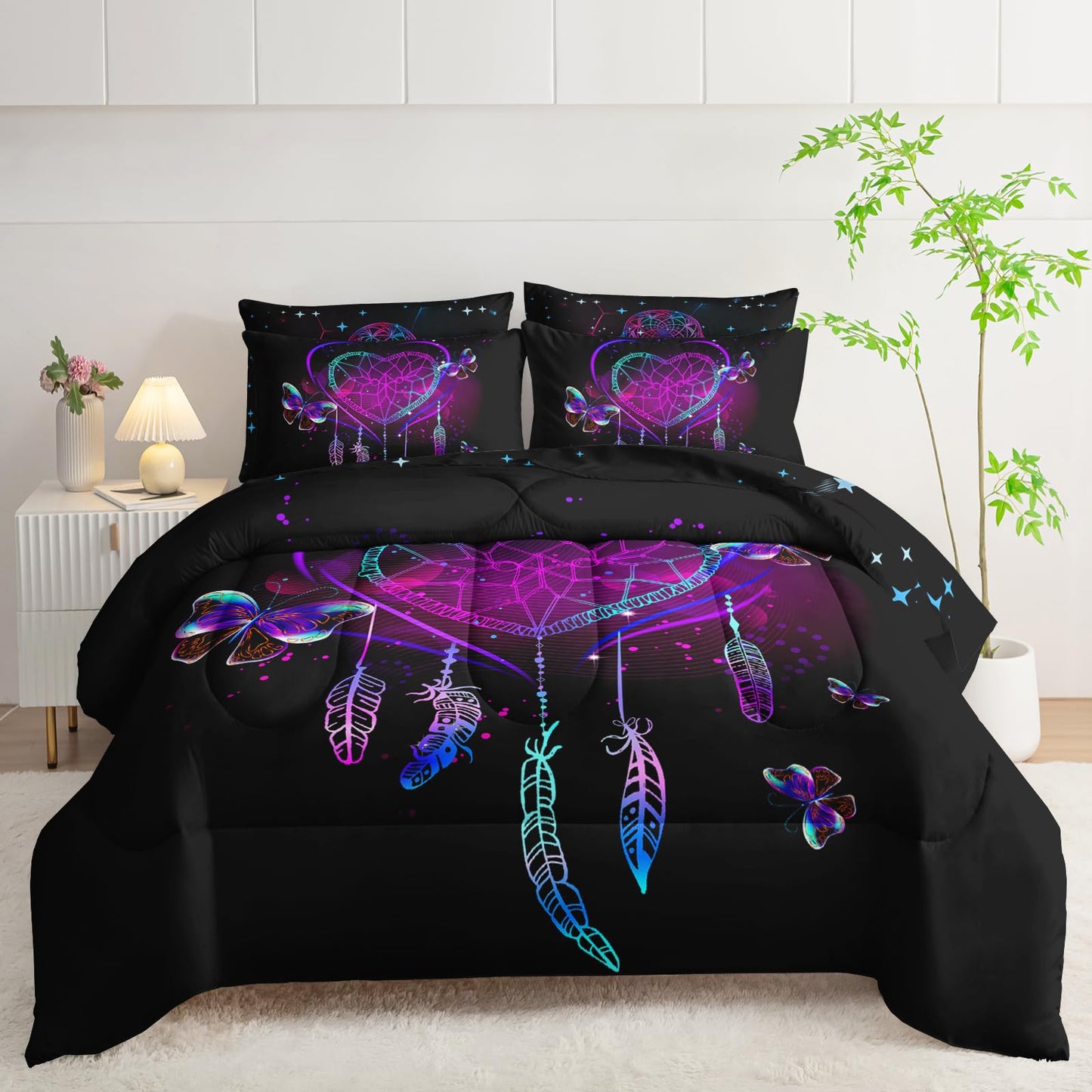 AILONEN Neon Love Comforter Set Twin Size,7-Piece Soft Bed in a Bag,Black Purple Dreamcatcher Comforter & Fitted Sheet & Flat Sheet & 2 Pillowcases,2 Pillow Shams for Bedroom