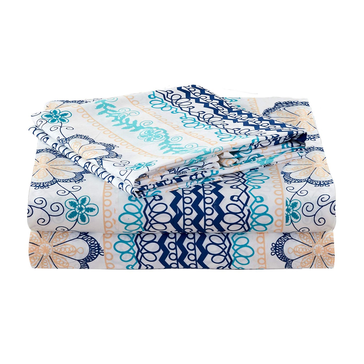 JSD Blue Boho Printed Sheet Set King Size, 4 Piece Soft Floral Microfiber Sheets Extra Deep Pocket