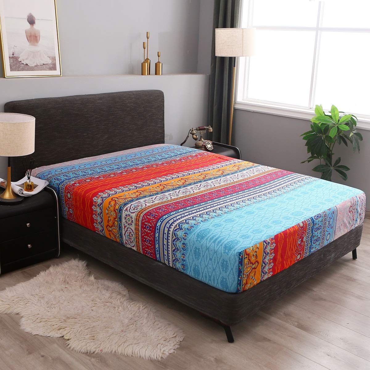 Pangzi Bohemian Sheet Set,Retro Bed Sheets 16 inch Deep Pockets,1 Fitted Sheet, 1 Flat, 2 Pillow Cases - 4 Piece (Queen, A)