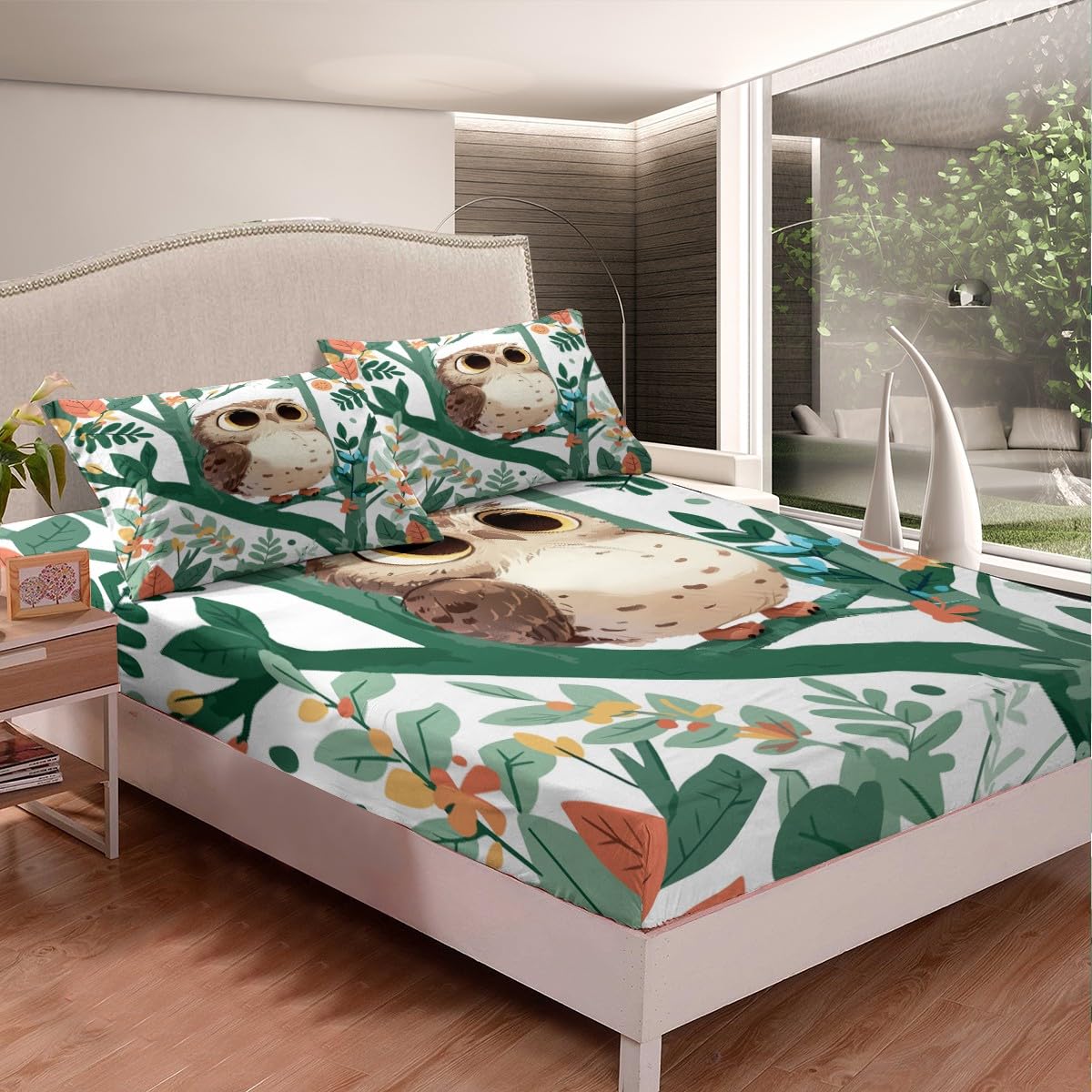 Feelyou Boys Girls Cute Owl Bed Sheets Set Queen Size, 3D Animal Printed Sheet Set Kids Bird Decor Sheets with Deep Pocket Fitted Sheet Cartoon Owls Design Teens Bedding Set Soft Bed Set 4Pcs
