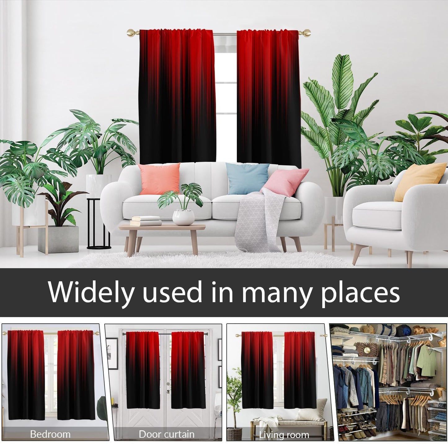 AAtter Red and Black Ombre Gothic Curtains, Dark Aesthetic Gradient Window Drapes for Bedroom, Cool Anime and Goth Room Decor, 2 Panels, 42" W x 63" L