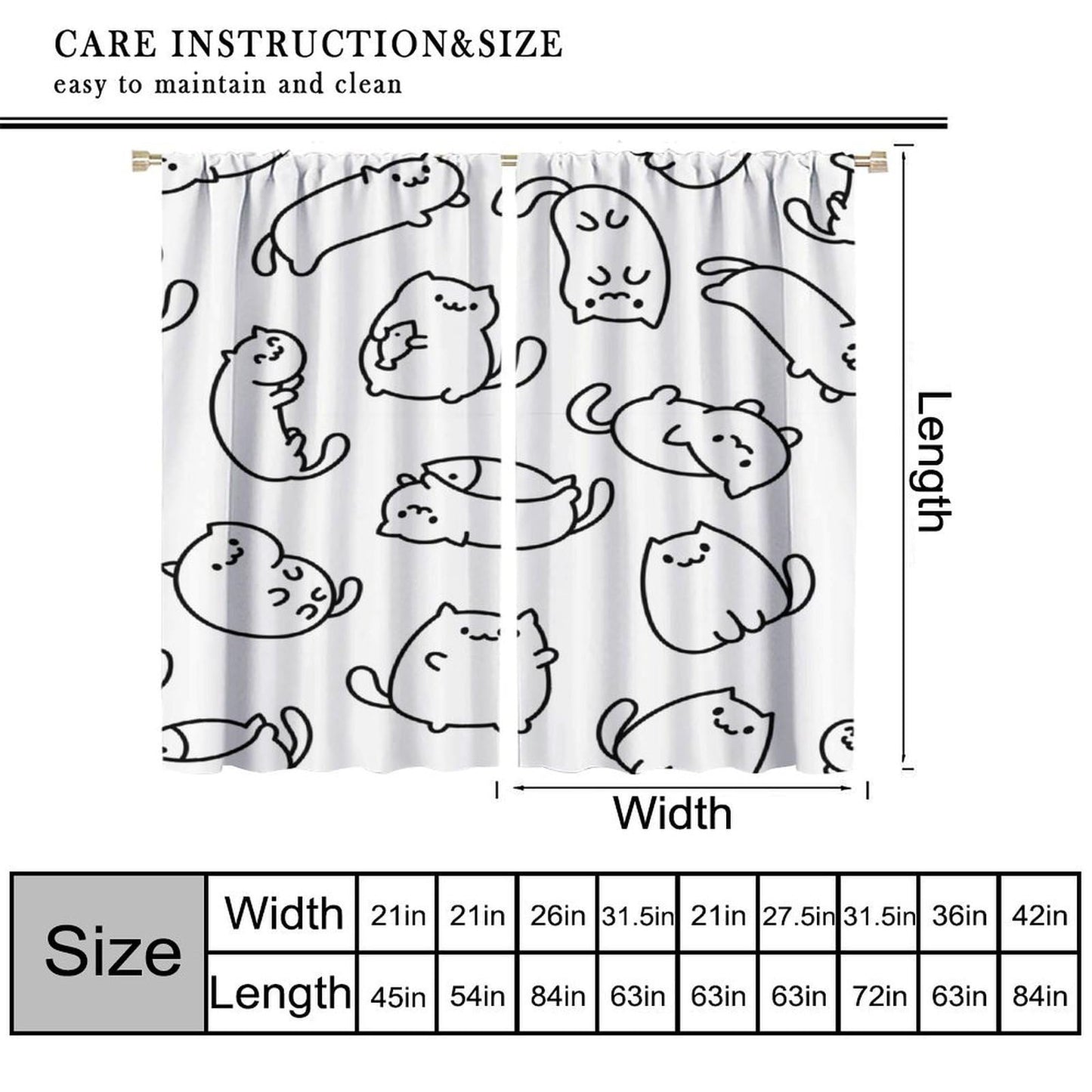 Cartoon Cat Curtain, Funny Cute Black White Line Kitten Art Pattern Decor Rod Pocket Window Curtain, for Kids Nursery Living Room Bedroom Cafe Farmhouse Style-11 42" W X 45" L