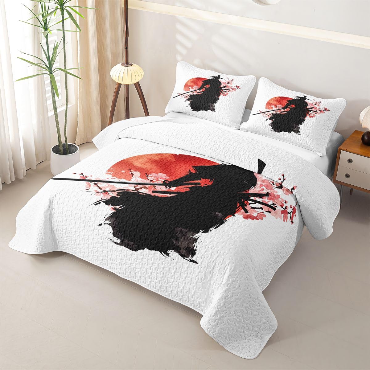 Erosebridal Samurai Quilts Twin Size - Red Sun Japanese Bedspread Coverlet Set, Japan Warrior Quilt Coverlets 2Pcs (Only 1 Pillowcase)