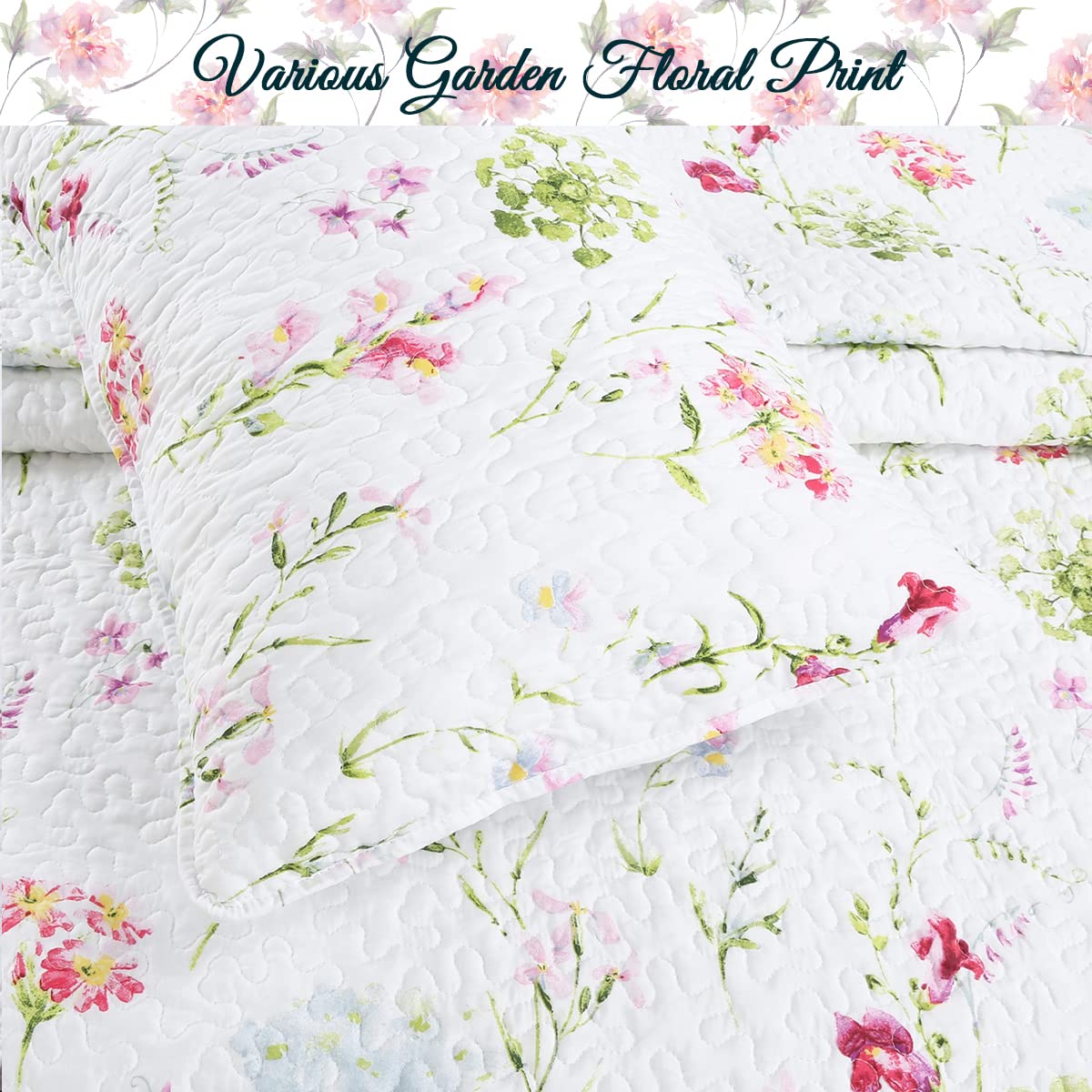 Cozy Line Home Fashions Light Pink Blue Flower Bloom Floral Garden Reversible Quilt Bedding Set, Coverlet Bedspread Lightweight for All Seasons (Carlotta, King - 3 Piece)