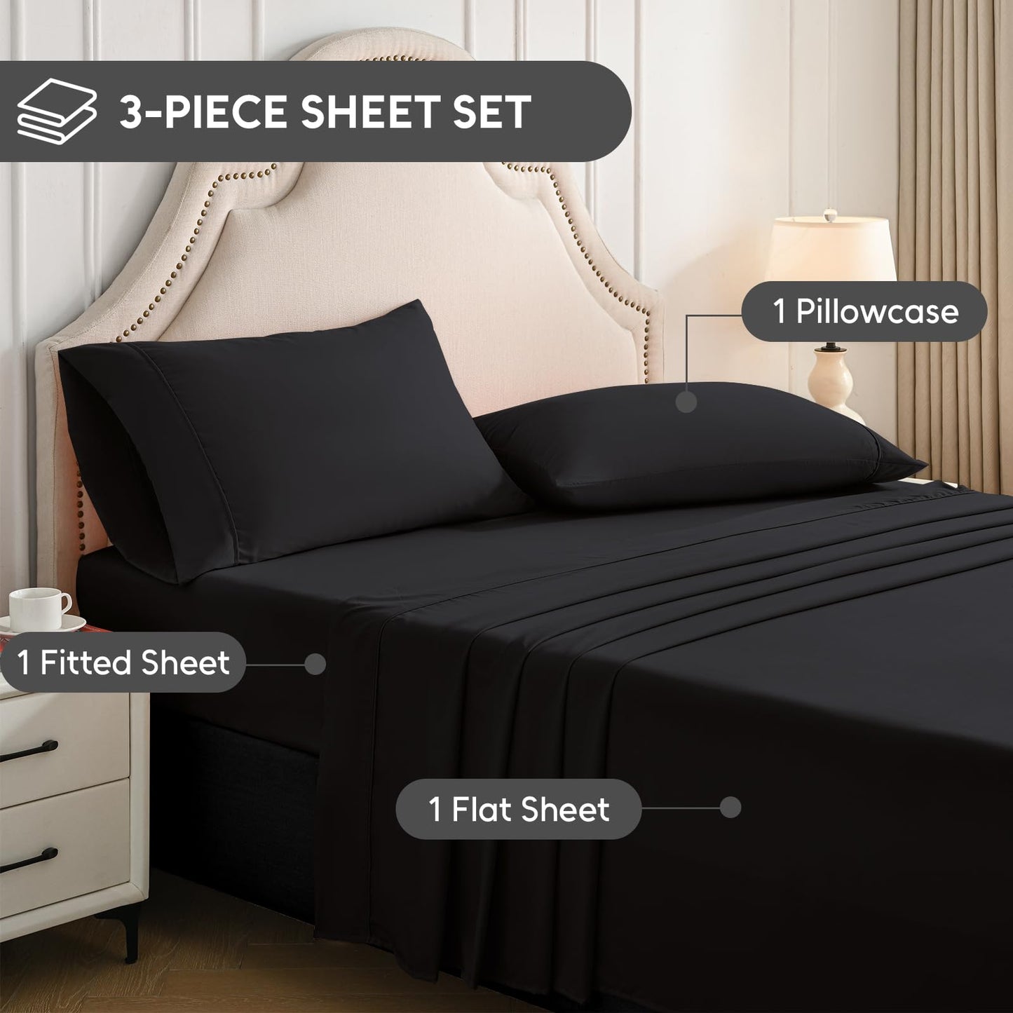 Swiftify Twin Sheets Set, 3 Pieces Hotel Luxury Soft Microfiber Bed Sheets Set, Up to 16" Deep Pockets, Oeko-Tex Sheets with Elastic, Breathable, Wrinkle Free(Black,Twin)