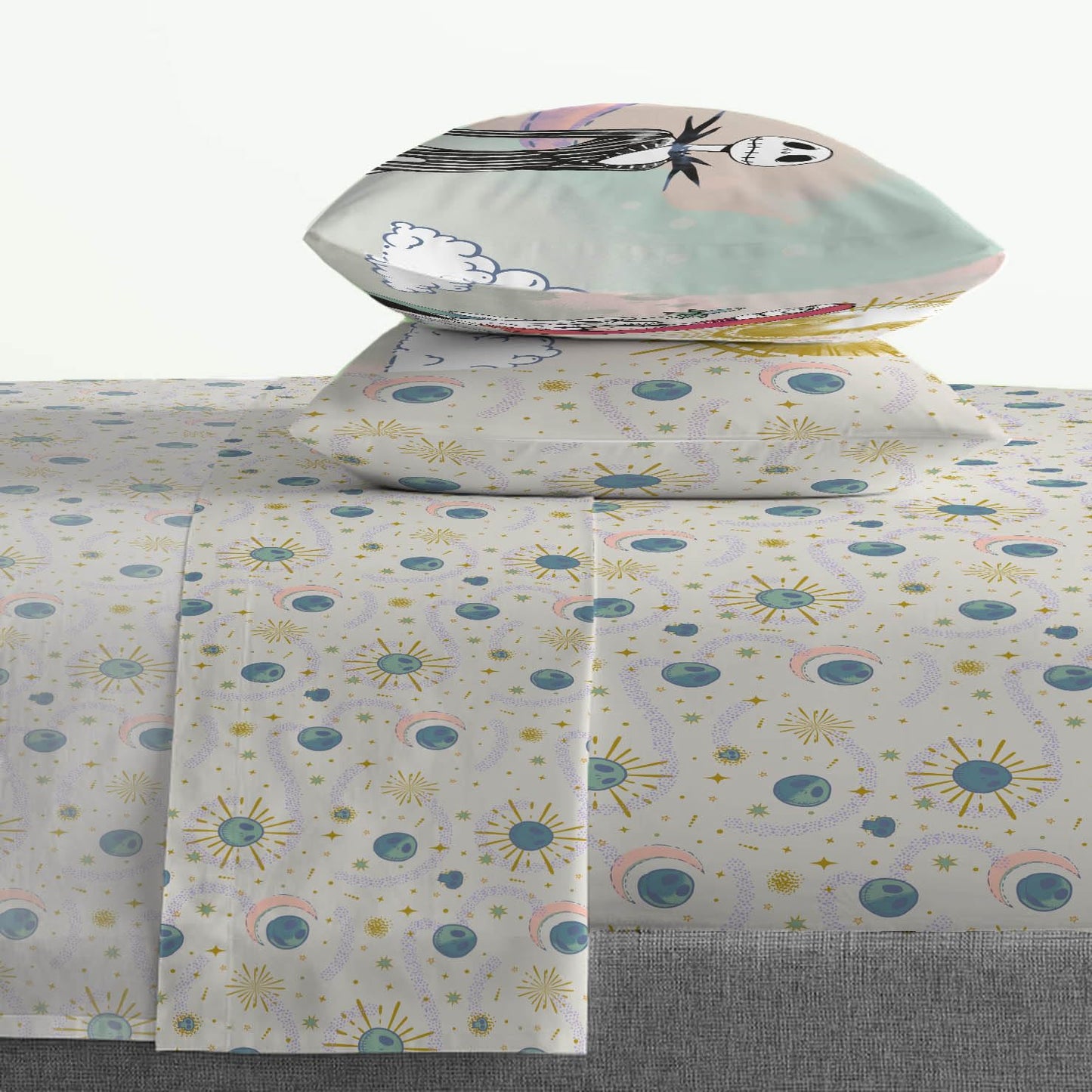 Jay Franco Sheet Set with Fitted, Flat Sheets & Pillow Cover - Ultra-Soft Bedding with Pillowcase for Room Decor, Beige - Nightmare Before Christmas, 4 Piece Queen