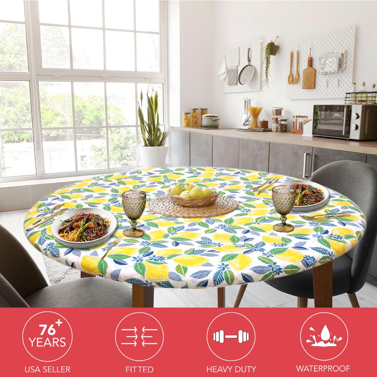 Covers For The Home Deluxe Elastic Edged Flannel Backed Vinyl Fitted Table Cover - Contemporary Lemon Pattern - Extra Large Round Oblong Oval - Fits Tables up to 57" - 65"