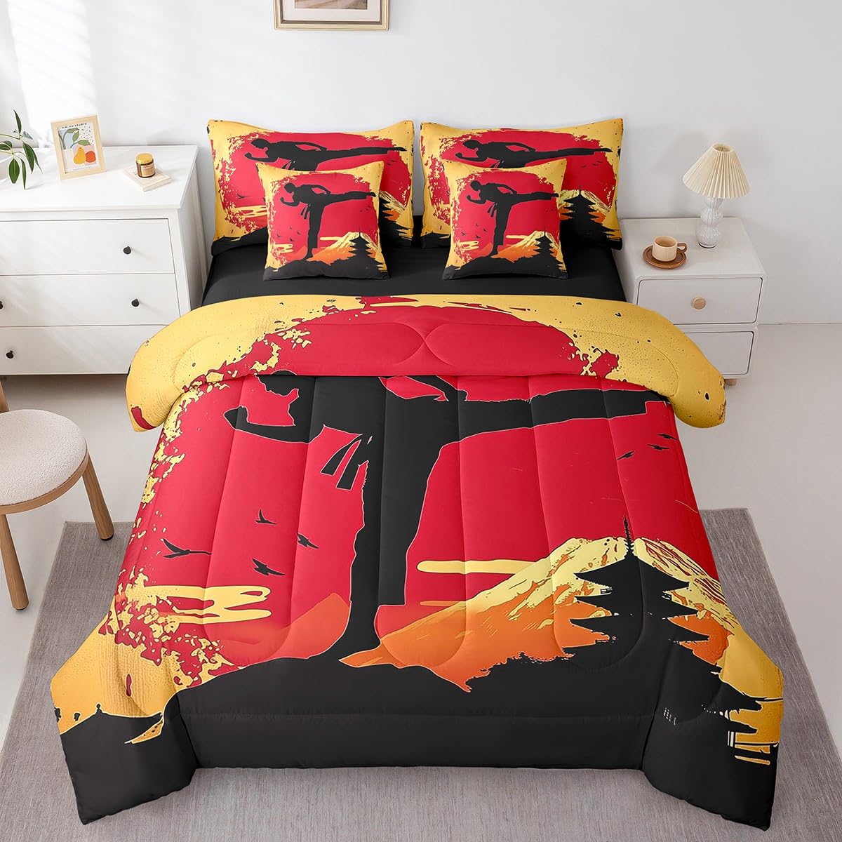 Feelyou Kids Taekwondo Comforter Set Full Size 7 Pieces Kungfu Karate Sunset Bedding Set Martial Art Japanese Style Japanese Sports Bed in a Bag with Comforter, Sheets, Pillowcases & Cushion Cover