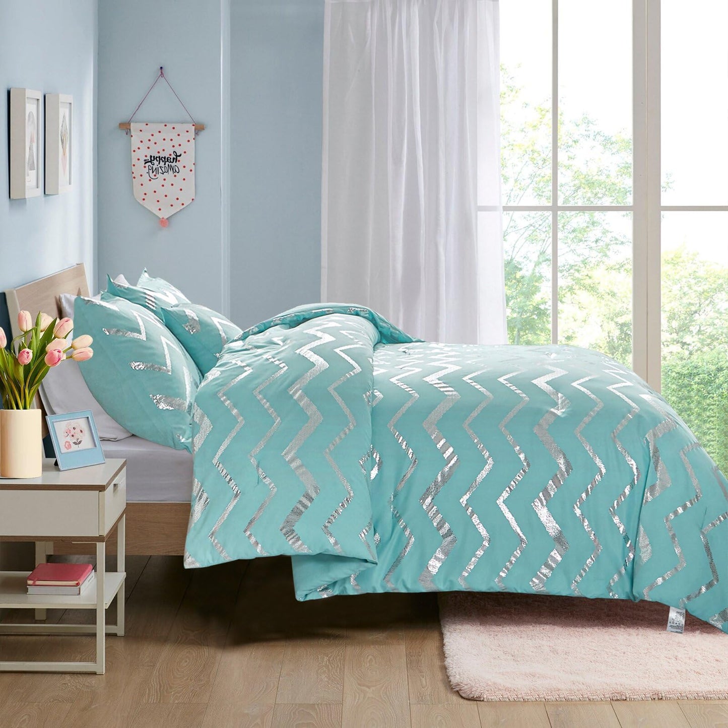Menghomeus Aqua Comforter Set Twin XL Size Teal and Silver Bed Comforter 3 Piece Lightweight Microfiber Bedding for Teen Girls Boys (2 Pillow Cases + 1 Decorative Pillow Sham)
