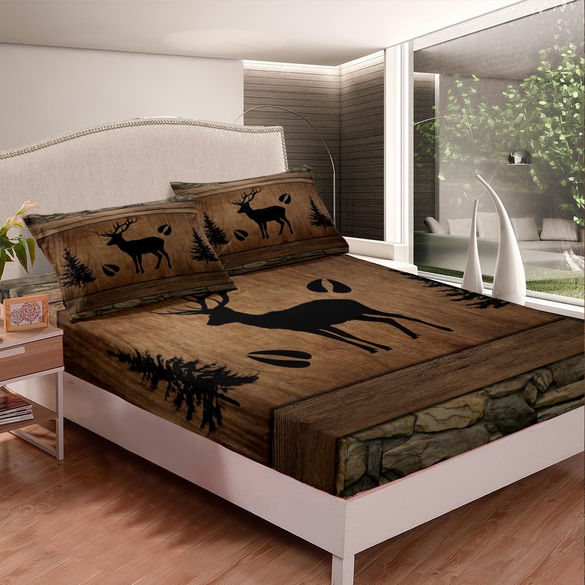 Manfei Rustic Deer Fitted Sheet Twin Size, Black Tree Deer Paw Print Bed Cover with 1 Pillowcase, Brwon Wooden Plank Bedding Set 2pcs for Kids Boy Room Decor, Soft Polyester Bedding