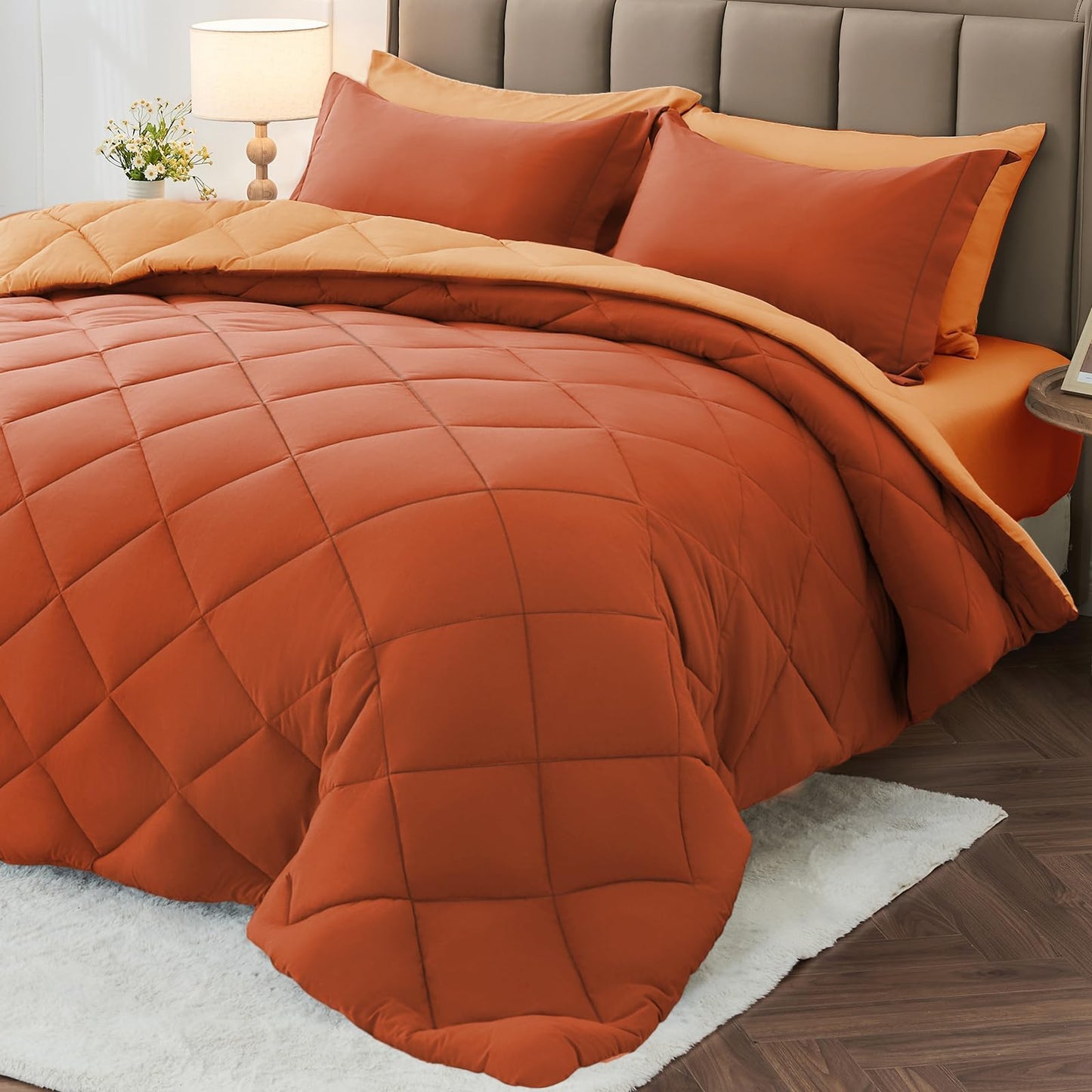 MUXHOMO 7 Pieces Queen Comforter Set, Reversible Bed in a Bag Queen Size, All Season Bedding Set with Comforter, Flat Sheet, Fitted Sheet, Pillowcases & Shams, Burnt Orange & Camel