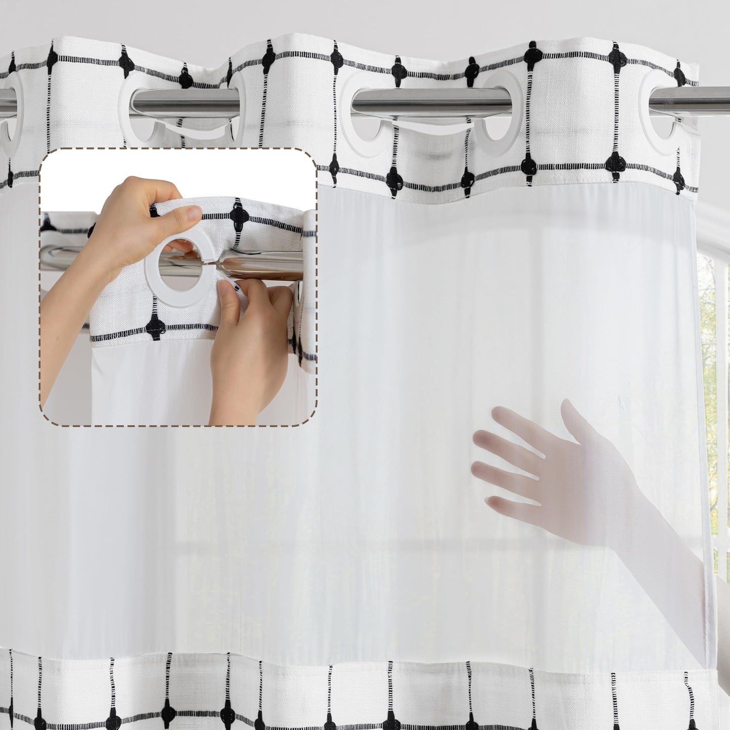 ROSERY No Hook Shower Curtain with Snap in Fabric Liner Set, Boho Farmhouse Black and White Woven Jacquard Grid Shower Curtain for Bathroom with Tassel, Checkered Pattern, 71" W x 74" L