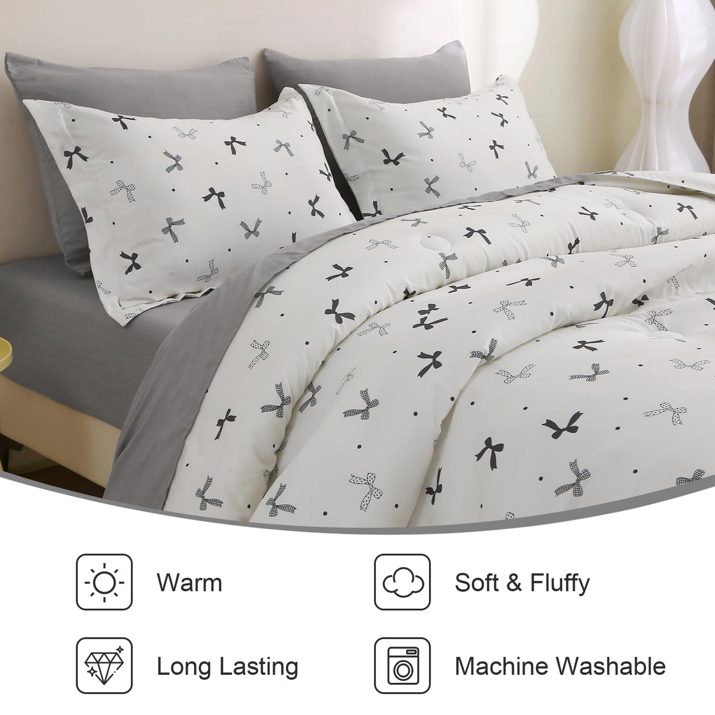 Jameswish 7 Pieces Black Bow Comforter Set for Girls Kids Soft Fluffy Bedding Set Full Size Bed in A Bag as Gifts (1 Comforter, 1 Flat Sheet, 1 Fitted Sheet, 2 Pillowcase and 2 Pillow Sham)