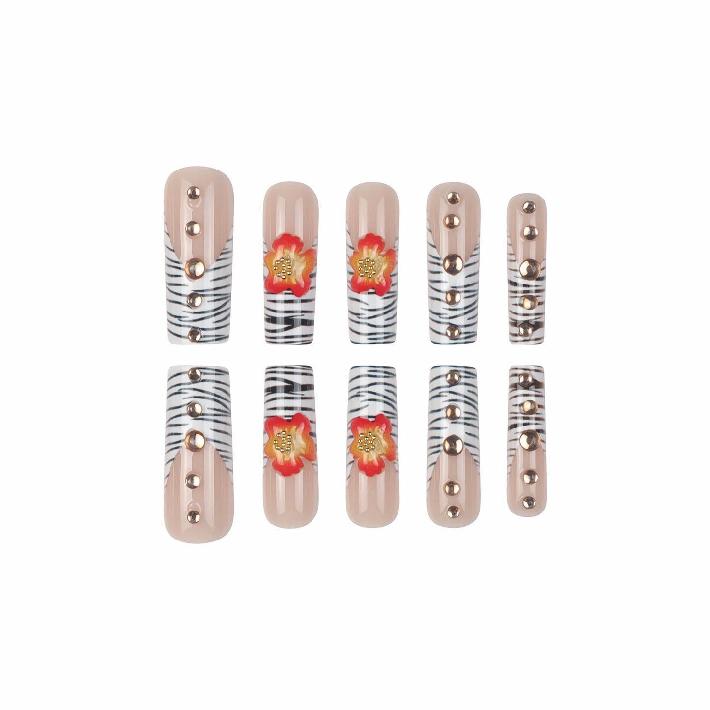 BABALAL Press on Nails Long Square Fake Nails Y2k Zebra White French Tip Glue ons 3D Texture Orange Flower Handmade Supplies with Rhinestone Luxury 24Pcs Wild Fall Glossy Full Cover False Nails