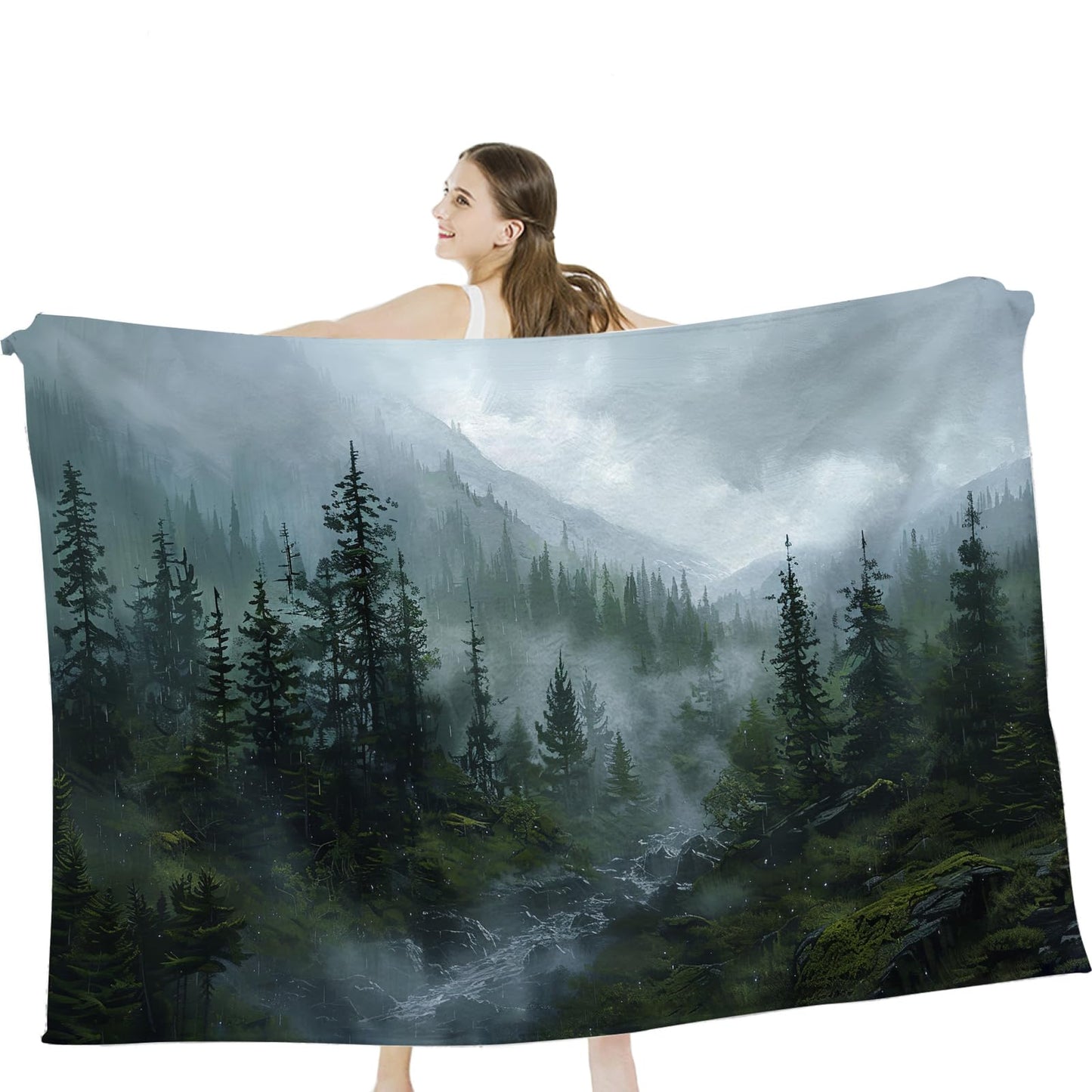 Baegopa Forest Blanket Misty Mountain Tree Throw Blanket Cozy Plush Fleece Flannel Green Nature Blankets Landscape Party Gifts for Girls Boys Women Men 50"X40"