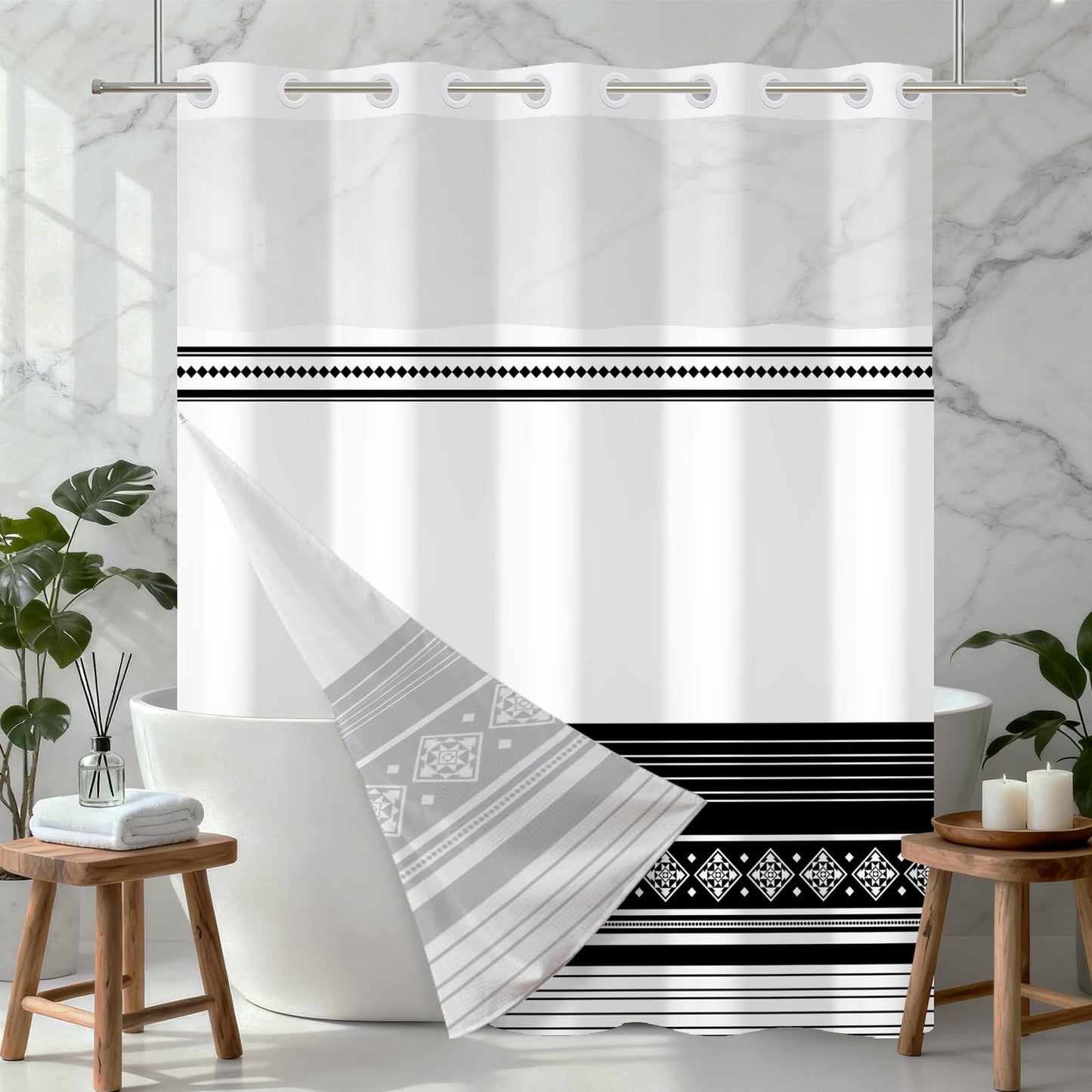 Xiazhilaio No Hook Striped Shower Curtain and Liner Set 71 x 74Inch