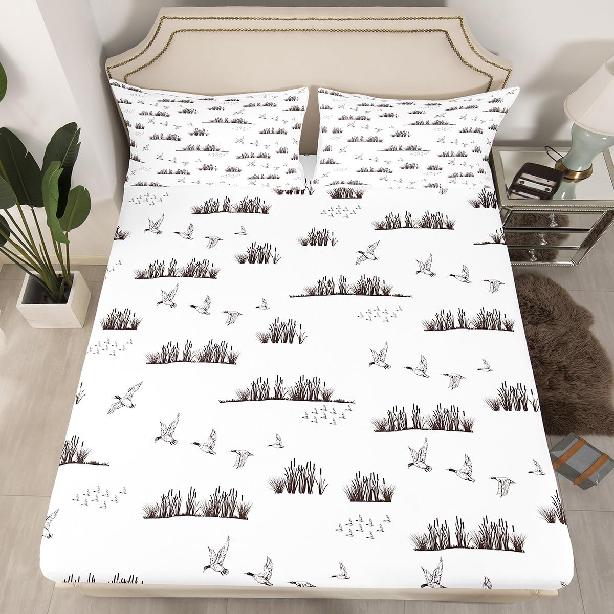 Hunting Duck Fitted Sheet Full Size,Sketch Duck and Lake Leaves Bedding Set for Kids Boys Men Teens Cabin Room Decor,Rustic Farmhouse Animals Bed Sheet Grey White Deep Pocket Sheet,2 Pillowcases
