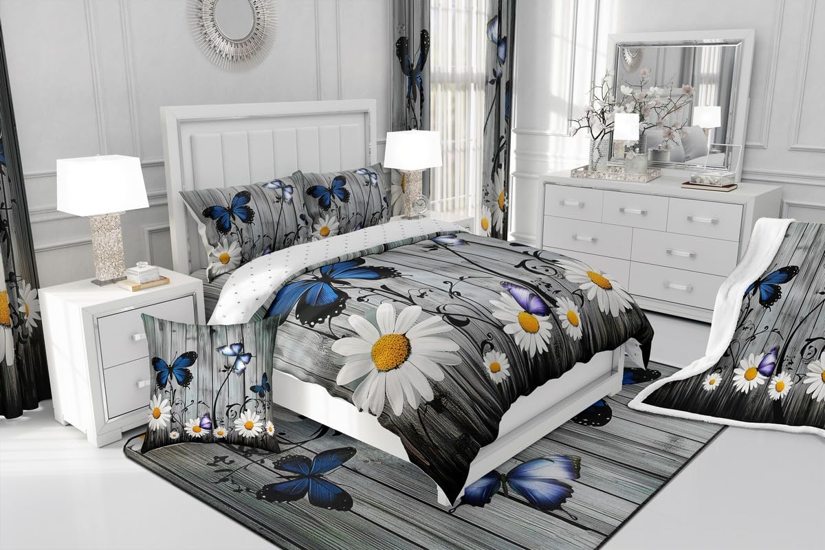 Erosebridal Daisy Comforter Set, Rustic Flower Duvet Sets for Kids Boys Teens Adult, Butterfly Wood Bedding Set Farmhouse Country Daisy Bedding Comforters 3Pcs with 2 Pillow Cases, Queen Size