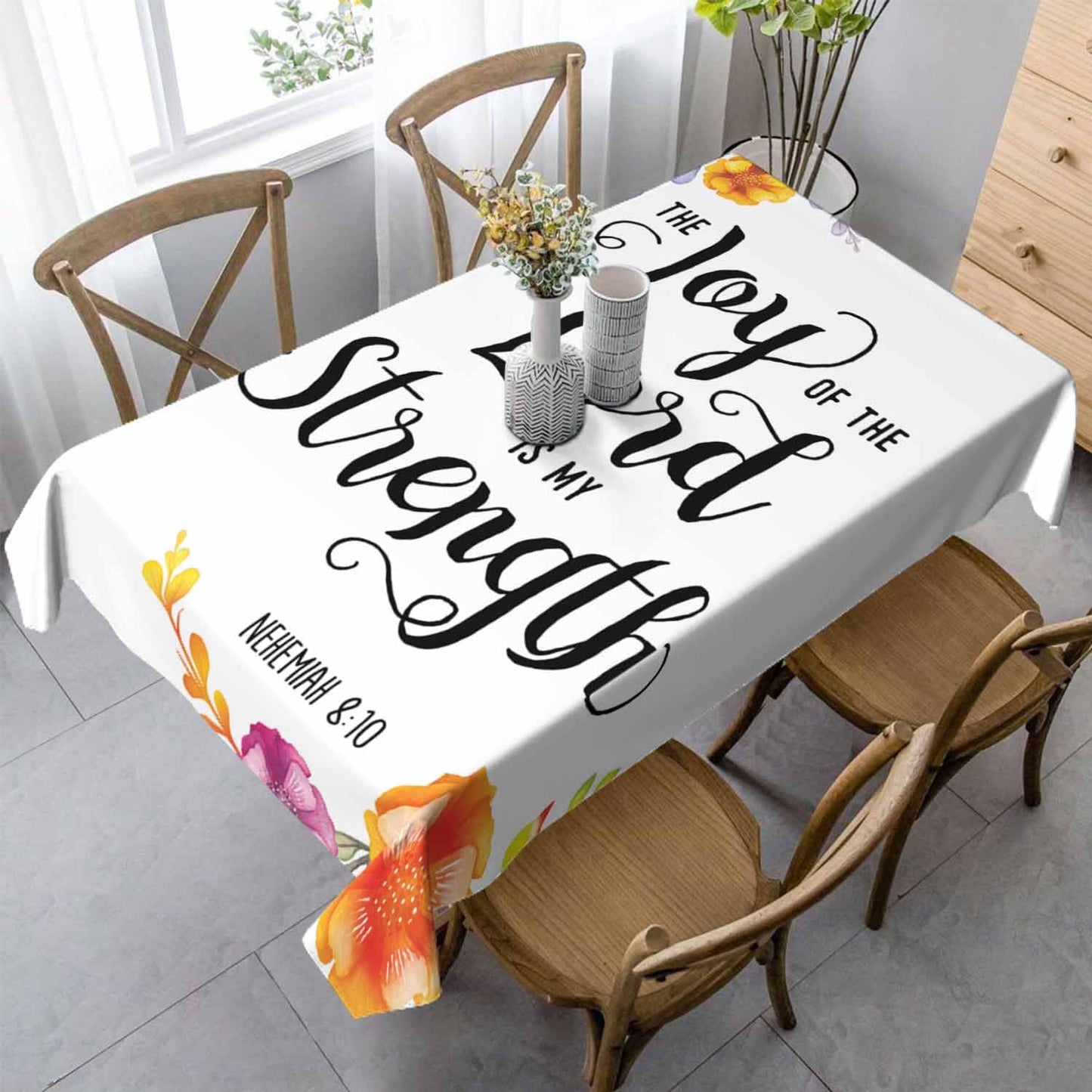 LoLo UoUo Flower Modern Quartz Table Cloth for Rectangle Table 60x84 Inch My Strength Scripture Religious Decorative Kitchen Table Cover Decorations for Home Dinner Party Outdoors Picnic