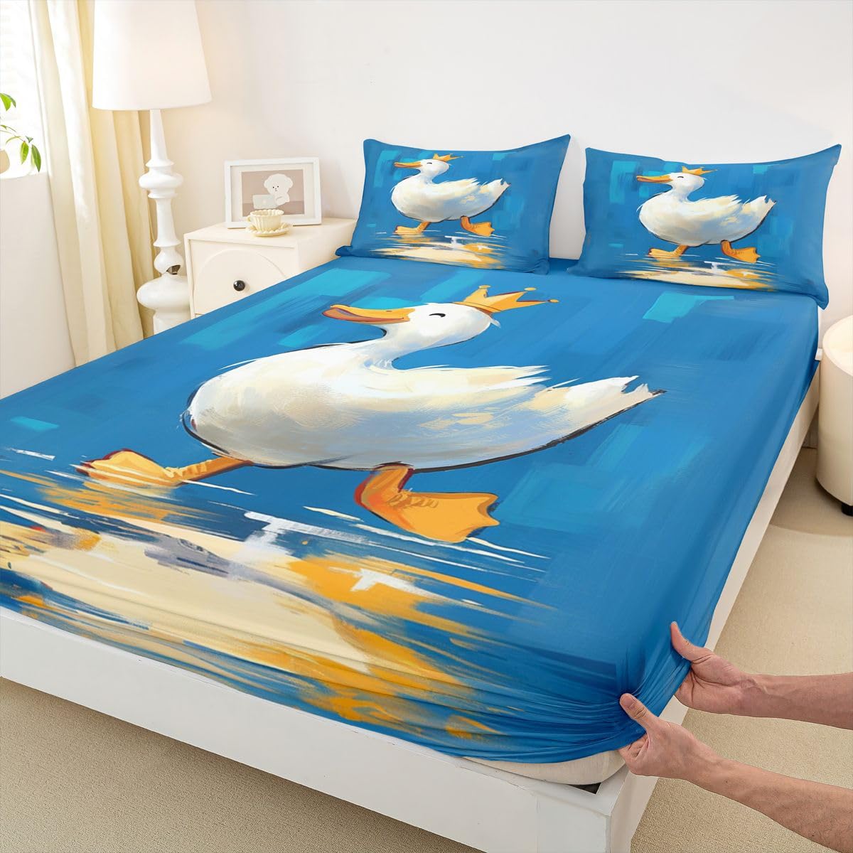 Erosebridal Cartoon Duck Bed Sheets Set Full Crown Duck Sheet Set Fun Whimsical Animal Sheets Farmhouse Pet Flat Fitted Sheet