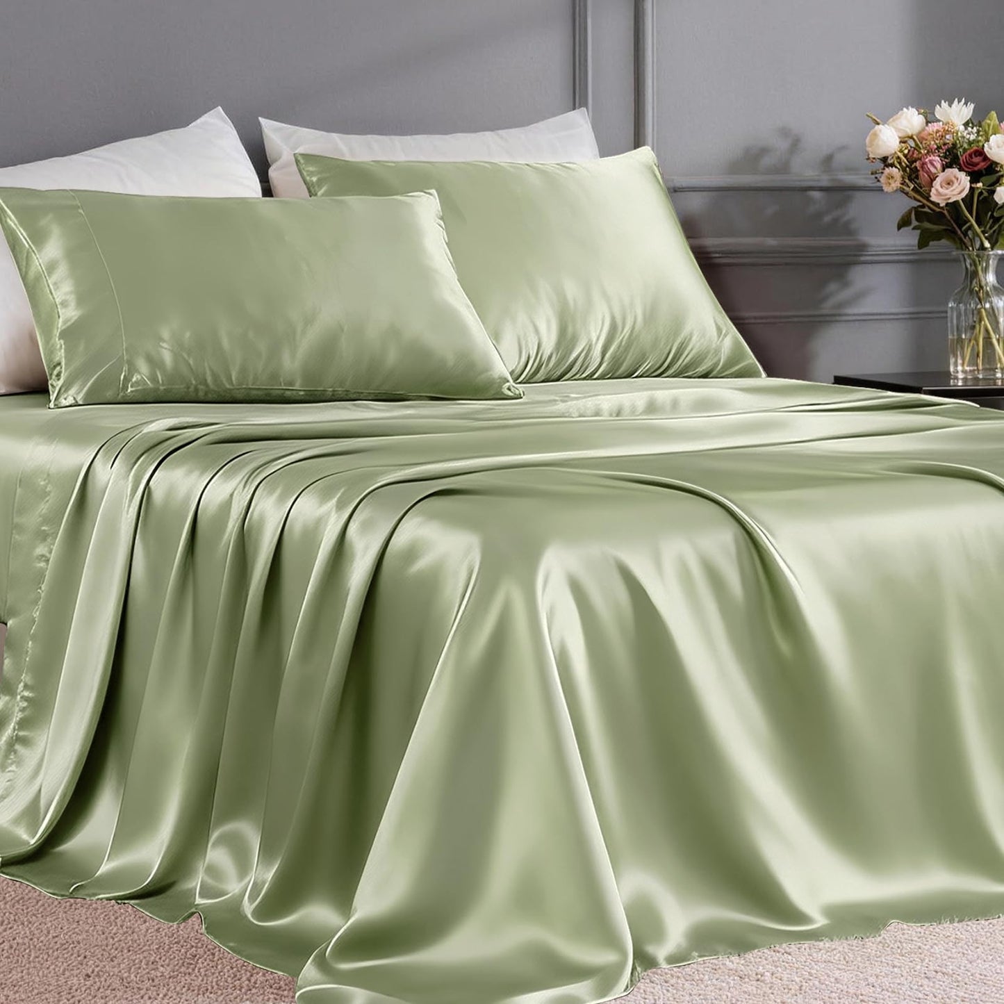 FreshCulture Satin Sheets Full Size - 4 Piece Luxury Soft Silky Full Size Bed Sheets, Similar to Silk Bed Sheet Set with 1 Deep Pocket Fitted Sheet, 1 Flat Sheet & 2 Pillowcases (Sage Green)