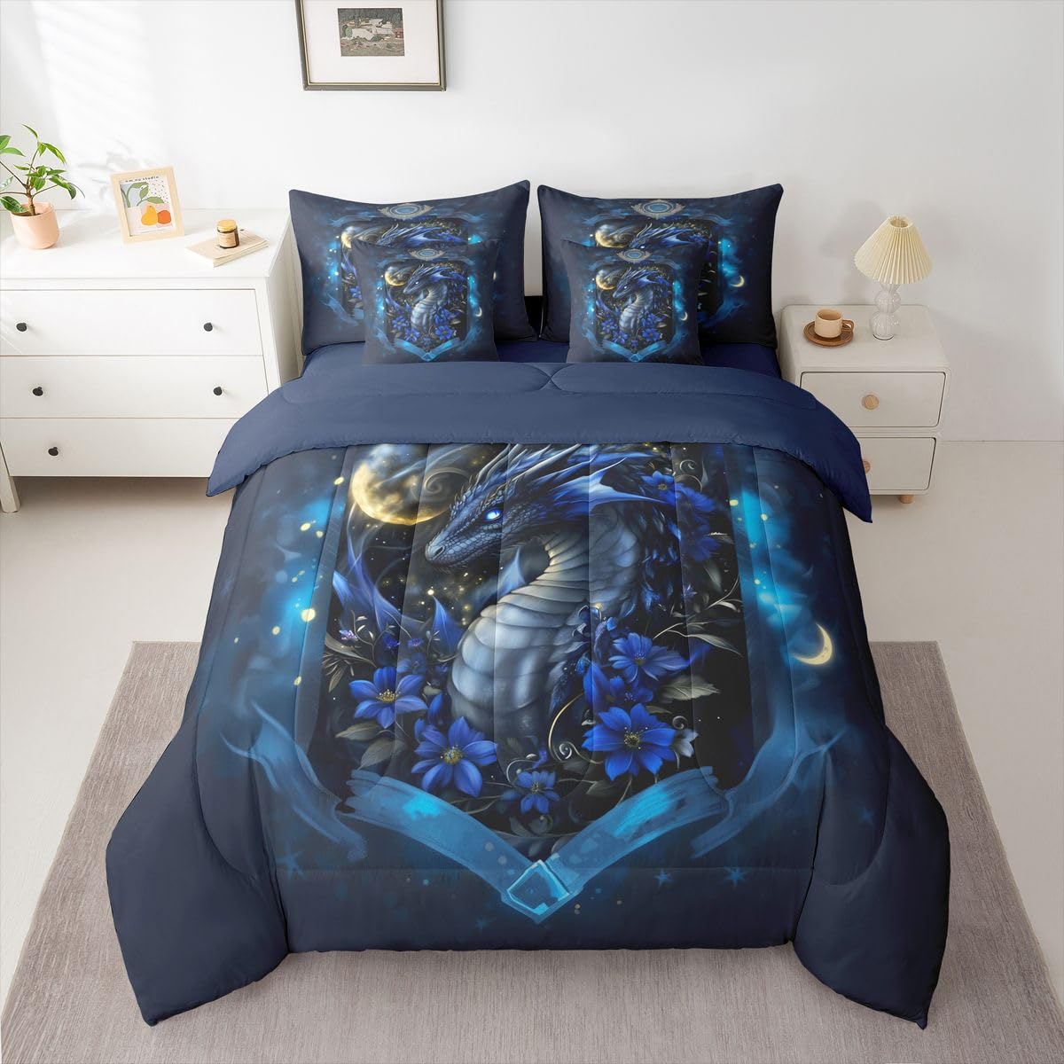 Feelyou Dragon Twin Comforter Set with Sheets for Kids Boys Girls Wild Life 7 Pieces Bedding Set Jungle Dragon Bed in a Bag Wild Animal Room Decor Dull Blue Soft Lightweight Microfiber