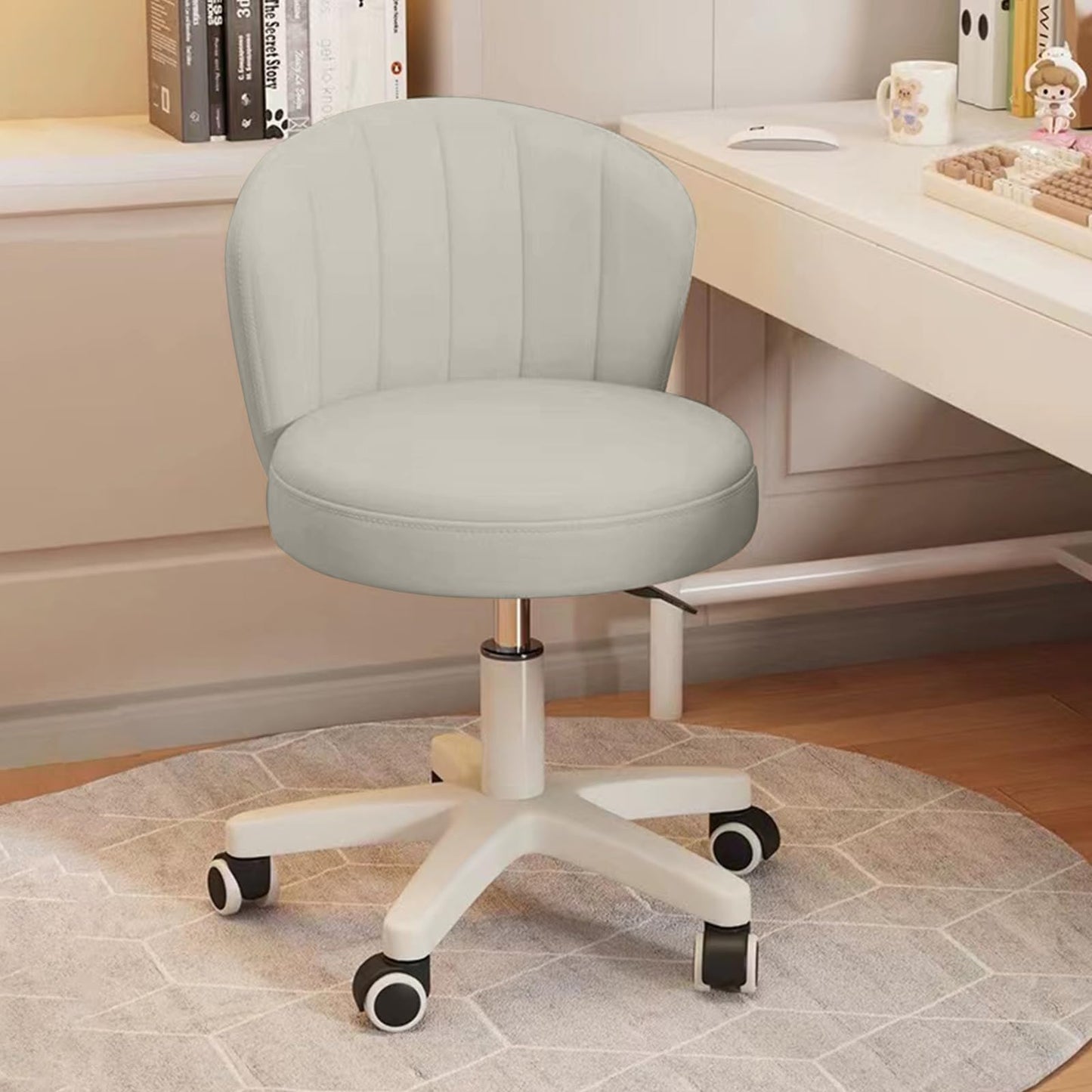 HDHNBA Small Desk Chair Round Rolling Chair with Back PU Leather Height Adjustable Swivel Vanity Work Computer Stool Chair for Home Office Bedroom