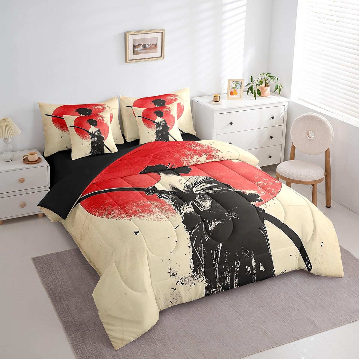 Erosebridal Cool Geisha Bedding Set 7Pcs,Female Samurai Comforter Set Twin for Kids Men Women,Japanese Ukiyoe Bed in a Bag,Traditional Kimono Quilt