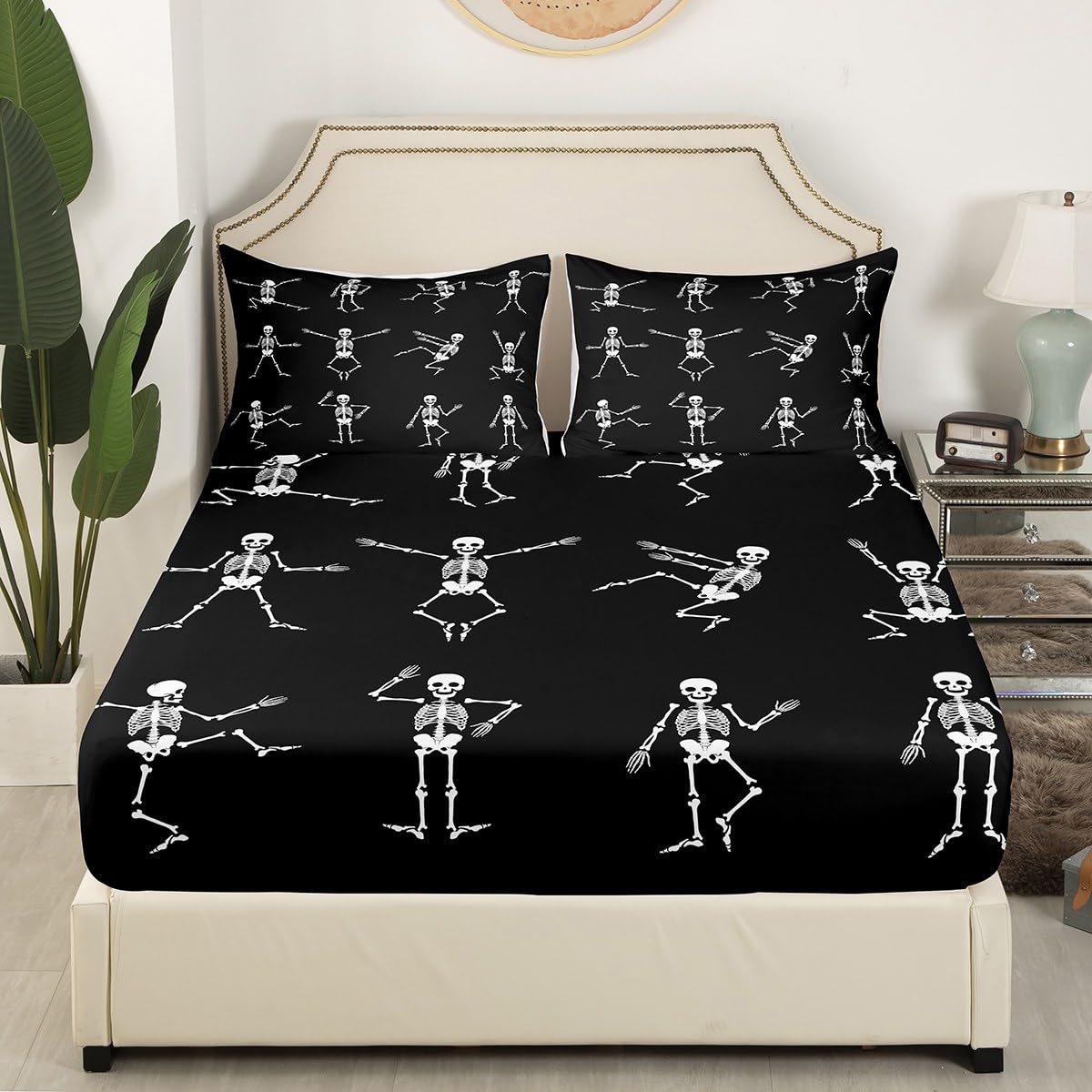Erosebridal Sugar Skull Sheet Set Full Size Skeleton Bones Bedding Set for Kids Boys Girls Teens Adult Halloween Horror Theme Fitted Sheet Gothic Spooky Bed Sheet Wrinkle Bedclothes(No Flat Sheet)