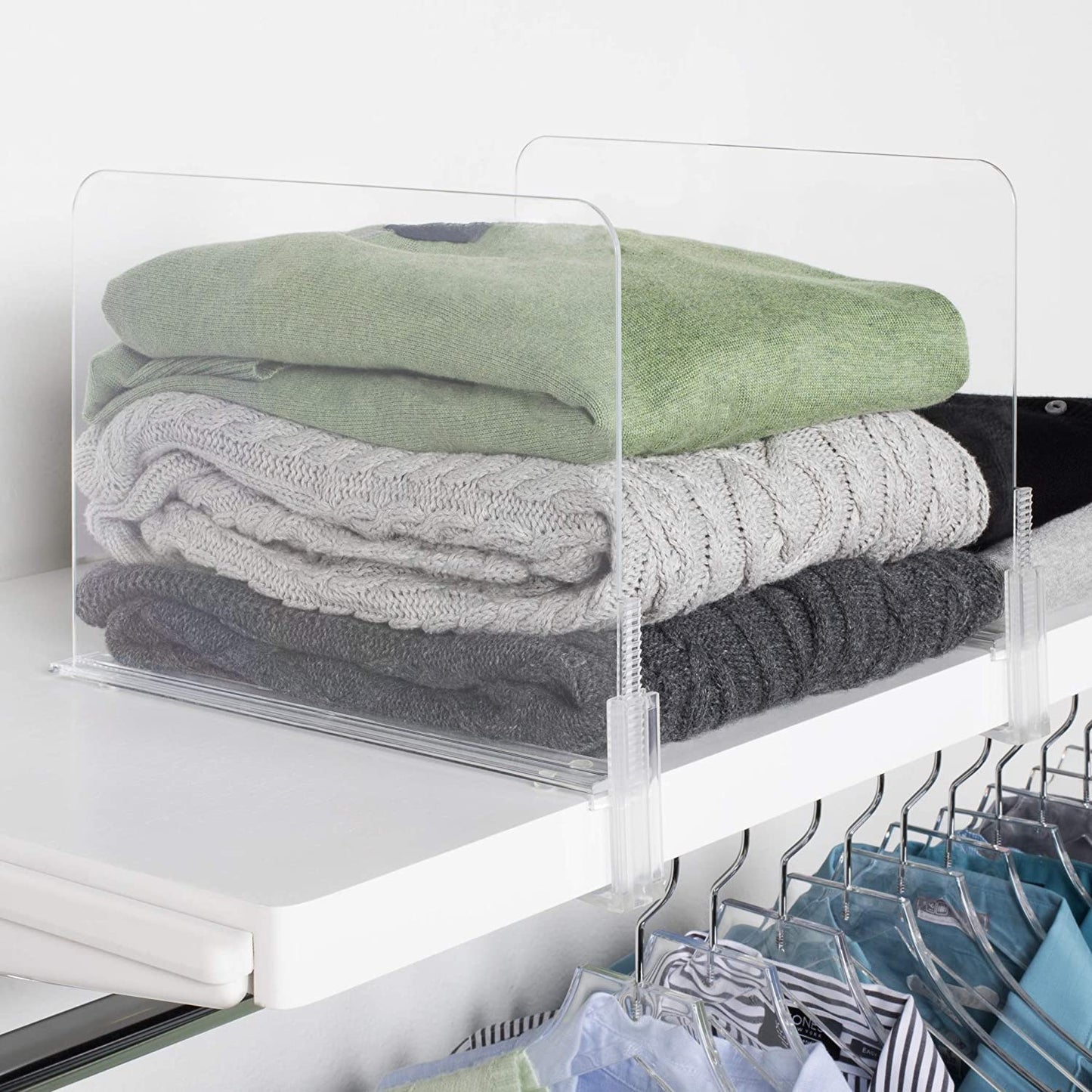 Richards Homewares Acrylic Shelf Dividers - Purse, Sweaters Organizer for Closet - Clear Separators Closet Shelf Organizer - 4 Pack Adjustable up to 2.5” Thick