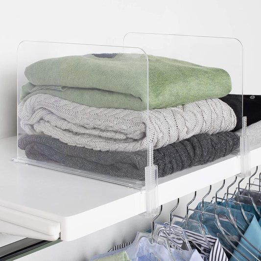 Richards Homewares Acrylic Shelf Dividers - Purse, Sweaters Organizer for Closet - Clear Separators Closet Shelf Organizer - 4 Pack Adjustable up to 2.5” Thick