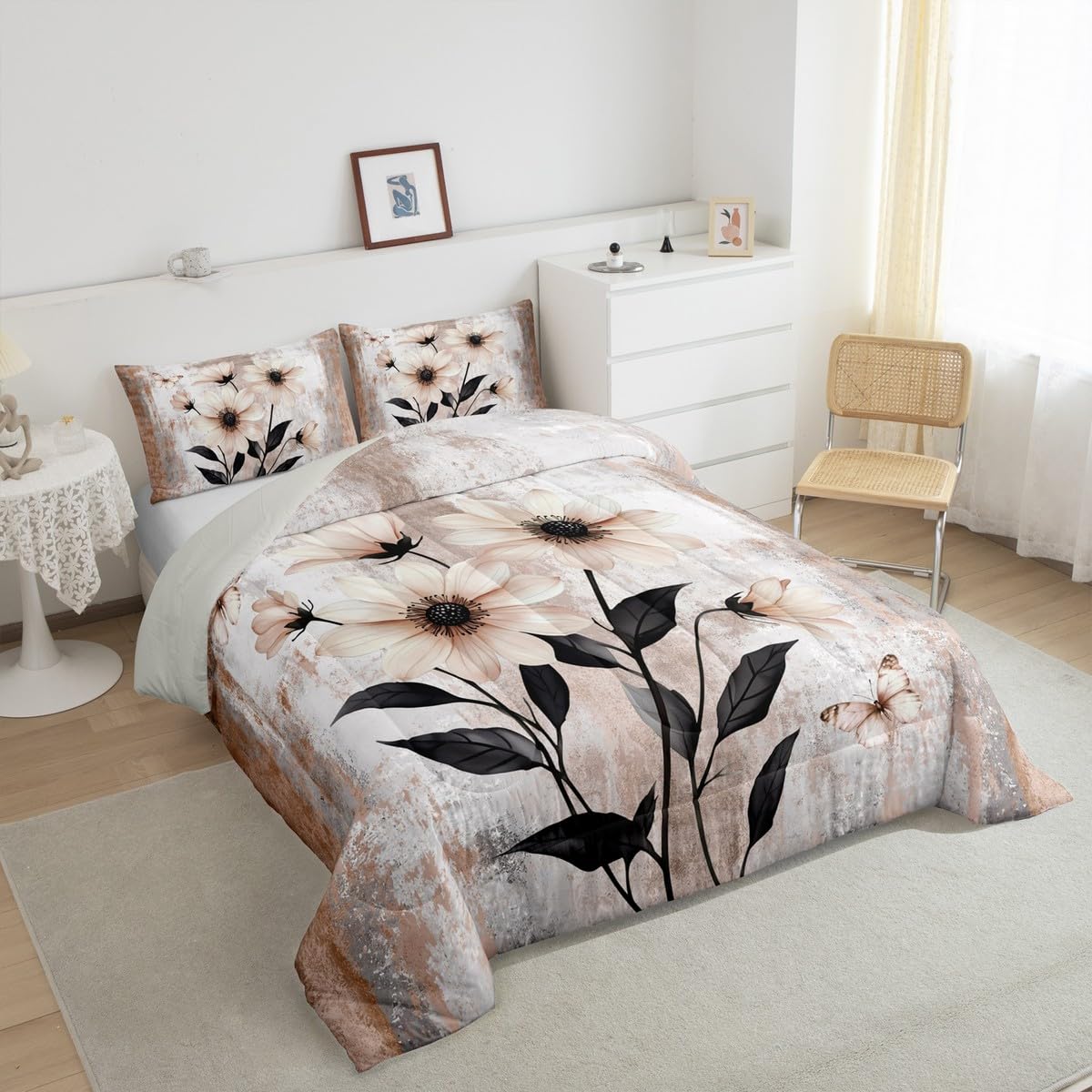 Erosebridal Watercolor Daisy Flowers Queen Comforter Set Abstract Oil Painting Bedding Set Rustic Farmhouse Bed Set Ombre Beige Brown Grey White Quilt Set