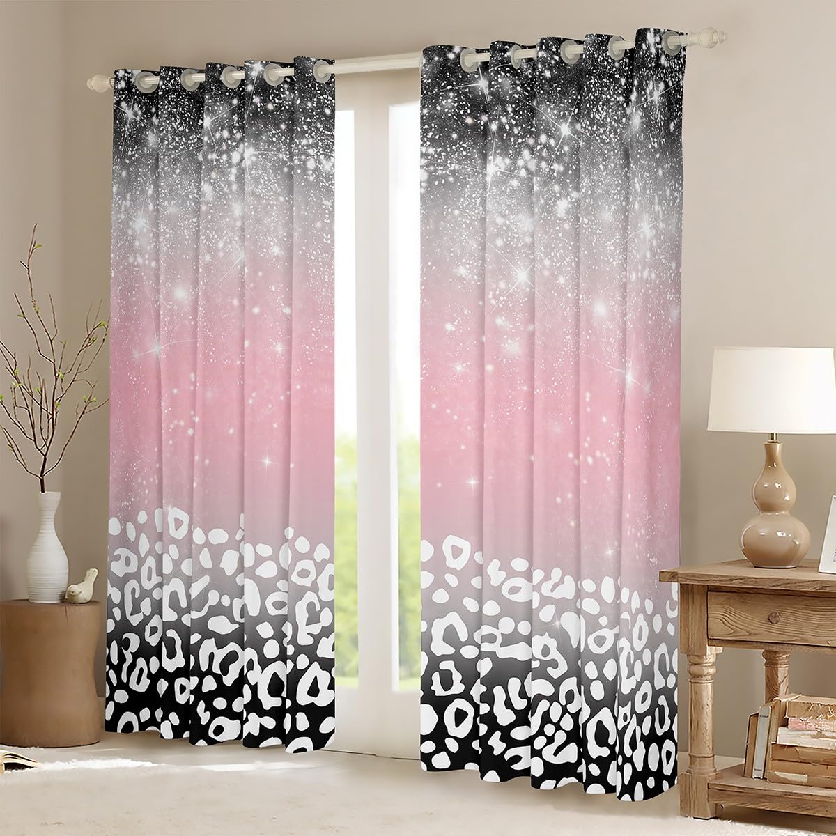 jejeloiu Leopard Print Curtains for Bedroom Living Room (2 Panels, 42 x 63 Inch) Kids Pink and Black Blackout Curtains Glitter Pattern Darkening Drapes Gradient Stryle Window Treatments
