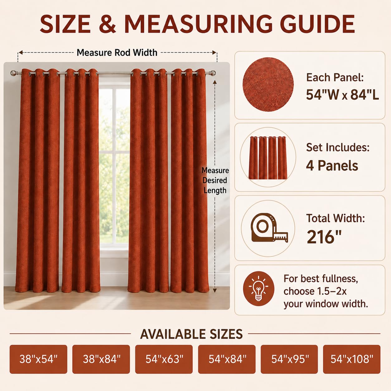 Fchozu 100% Blackout Curtains Set of 4 Panels, Grommet Drapes, Thermal Insulated and Noise Reducing Room Darkening Curtains for Bedroom Living Room (Dark Orange, 38 x 54 Inch)
