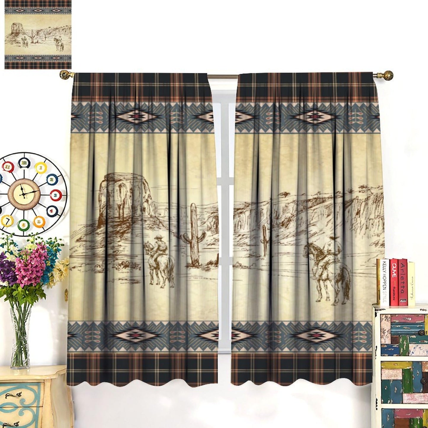 DDCBNS Western Cowboy Curtains,Aztec Rustic Country Style Print Window Treatments for Bedroom Living Room Kitchen Café Office,Retro Farmhouse Home Décor Drapes 2 Panel Sets Total Size 42" x 45"