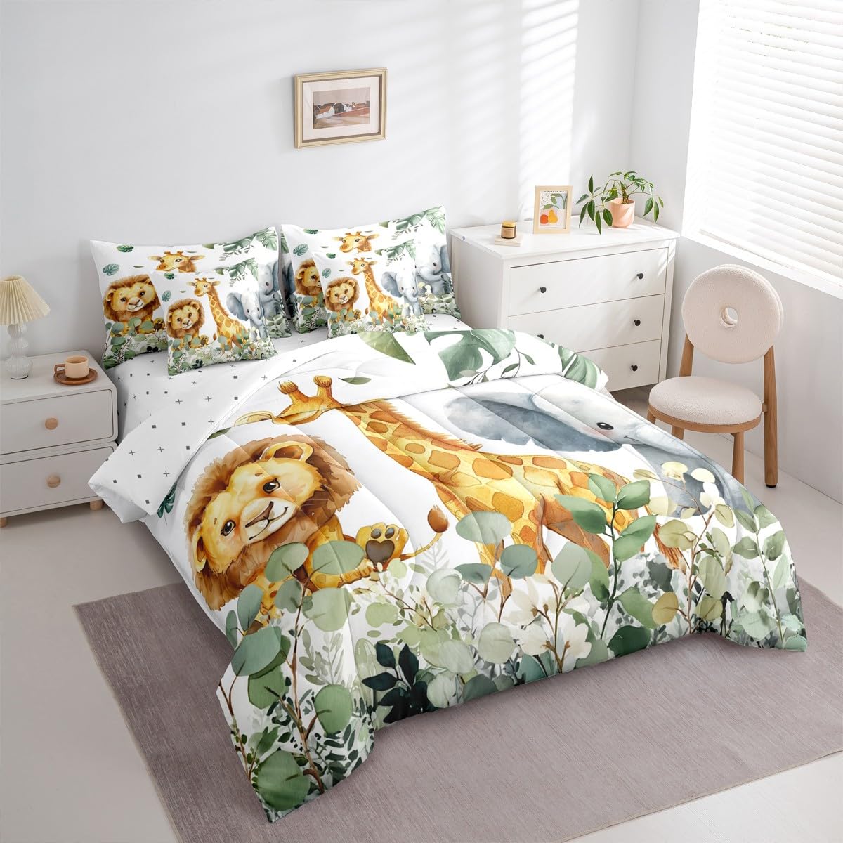 Erosebridal Jungle Animal Twin Size Comforter Set with Sheets - Kawaii Cartoon Zoo Animal 7-Piece Bedding Set Cartoon Lion Elephant Giraffe Bed in a Bag Leaves Botanical Eucalyptus Bed Quilt Sets