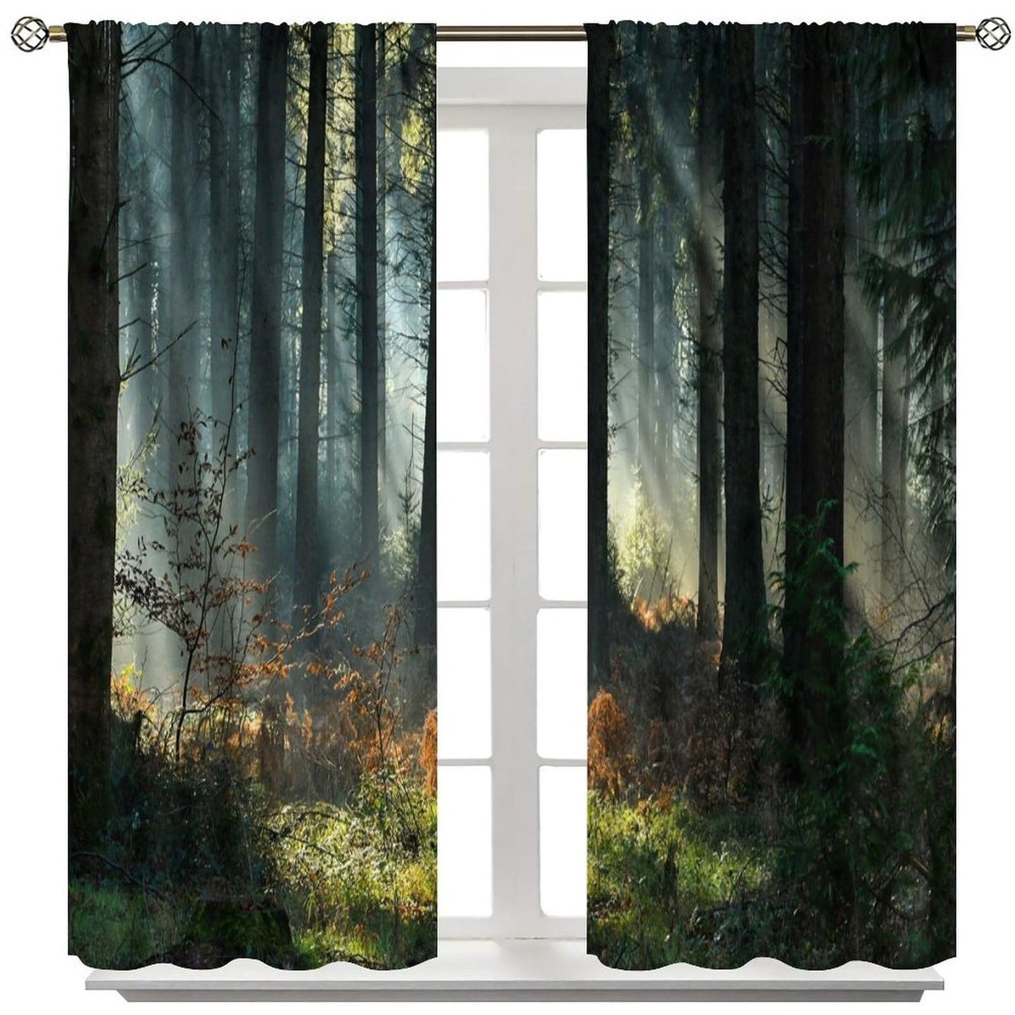 Forest Blackout Window Curtain，Sunbeams in The Dark Forest Deep Forest Tree for Bedroom Living Room Darkening Window Drapes 2 Panels 42x45 Inch