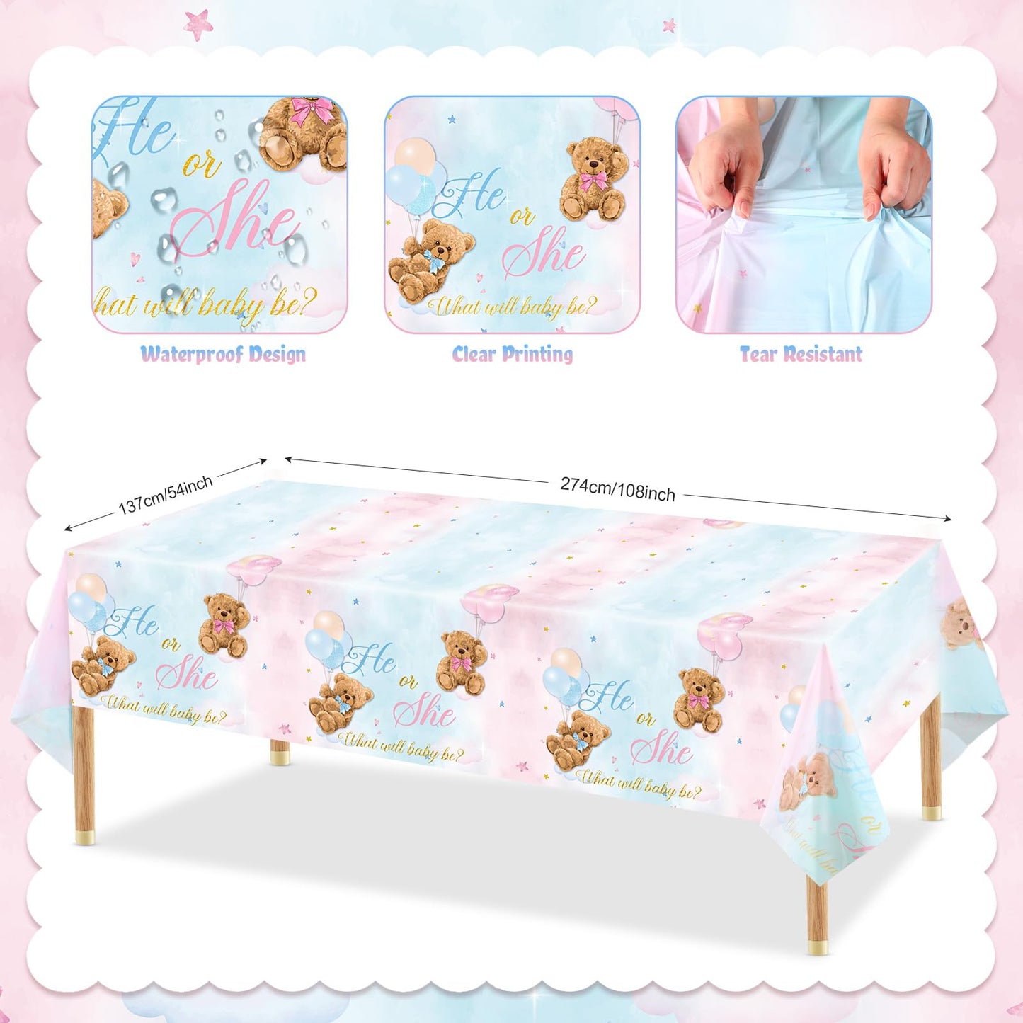 Tiamon 3pcs Bear Gender Reveal Tablecloths Decorations He or She Gender Reveal Table Covers Pink and Blue Rectangle Plastic Bear Baby Shower Table Cloths Party Decorations Supplies, 54 x 108 Inch