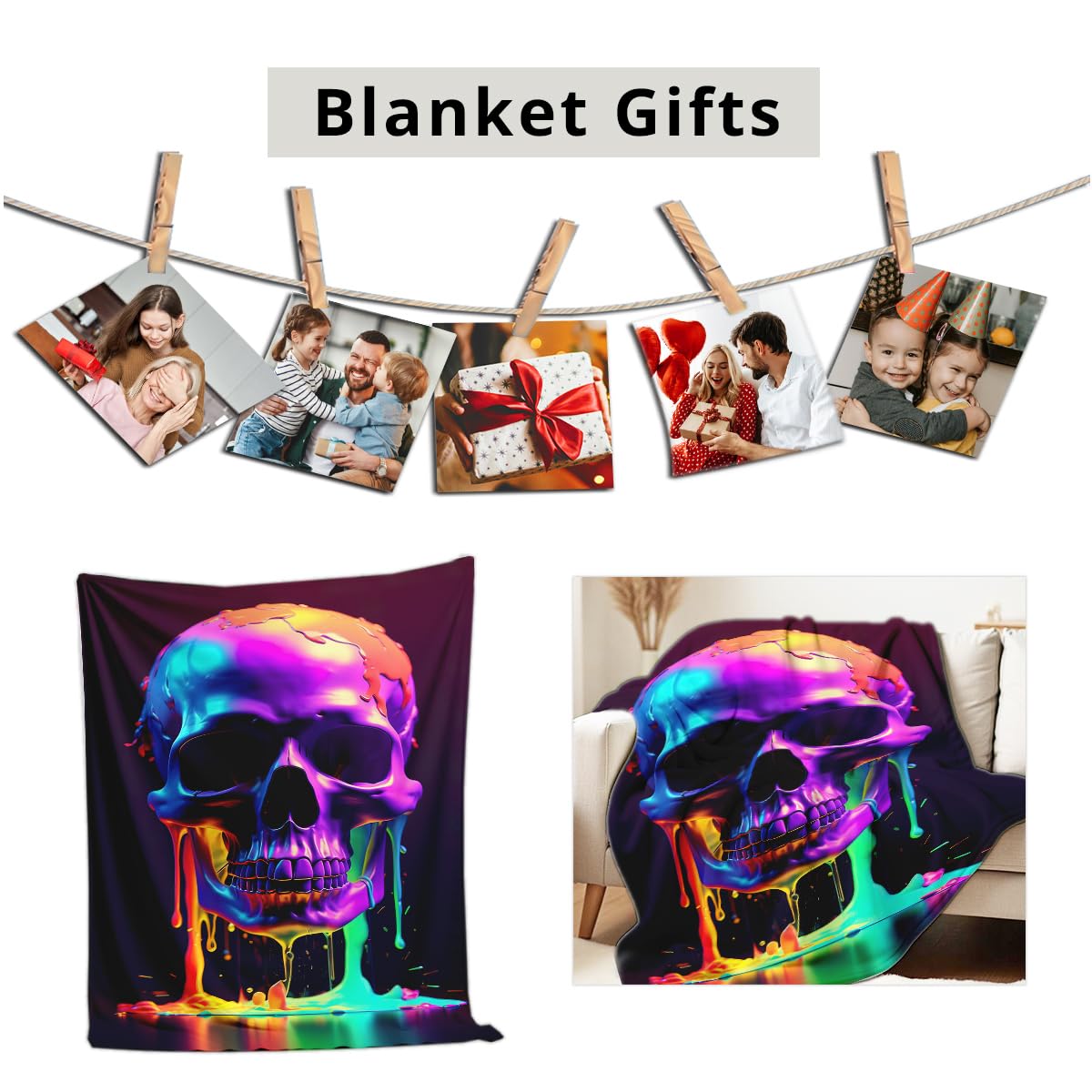 HUNXIAOJ Skull Blanket Throw Skeleton Flannel Blanket Gothic Print Throw Gifts for Kids Girls Boys Adults Women Men Halloween Decor Queen Size Bed Couch (49"x59")
