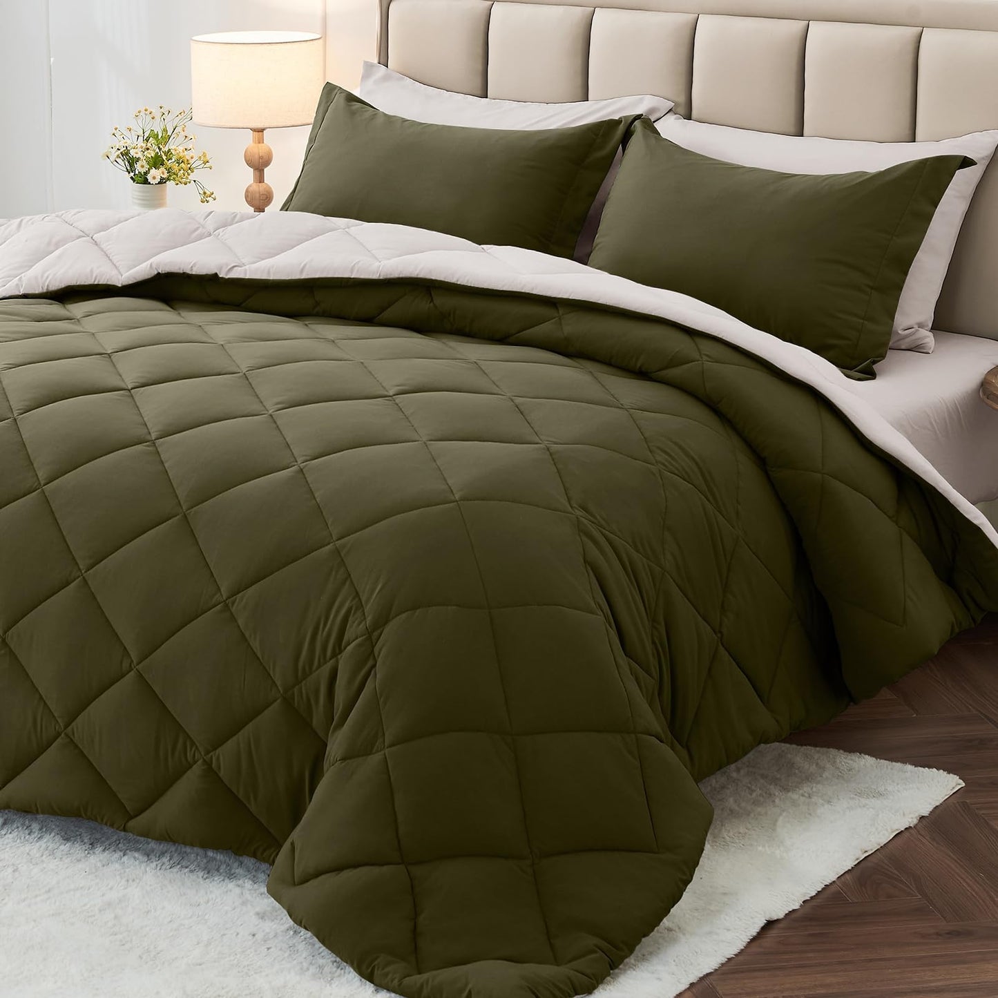 MUXHOMO 7 Pieces California King Comforter Set, Reversible Bed in a Bag Cal King Size, All Season Bedding Set with Comforter, Flat Sheet, Fitted Sheet, Pillowcases & Shams, Olive Green & Beige