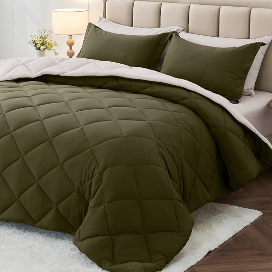 MUXHOMO 7 Pieces California King Comforter Set, Reversible Bed in a Bag Cal King Size, All Season Bedding Set with Comforter, Flat Sheet, Fitted Sheet, Pillowcases & Shams, Olive Green & Beige