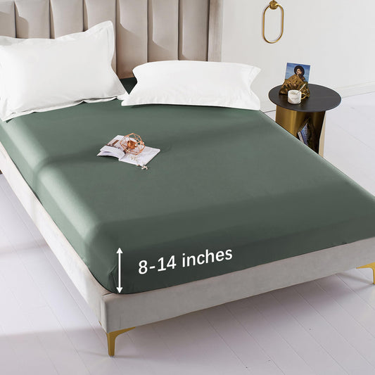MILDLY Deep Pocket Fitted Sheet Only Queen Size 60"x80" 100% Long Staple Cotton Army Green Breathable Bottom Sheet Fits Up to 14" Deep Mattress