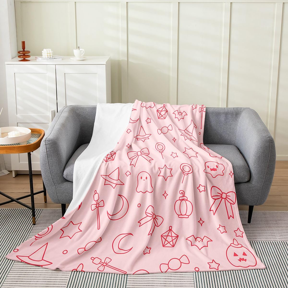 Feelyou Ghost Flannel Fleece Throw Blanket Halloween Themed 40"x50" Trick or Treat Fleece Throw Blanket for Kids Women Men Spooky Pumpkin for Bed Couch Chair Living Room Pink Bedroom Decor