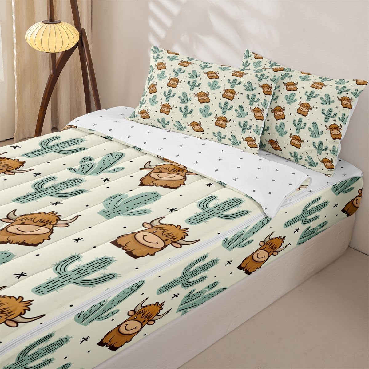 Feelyou Khaki Southwestern Aztec Zipper Bedding Twin Western Cactus Bohemian Boho Tribal Comforter Set with Fitted Sheet and Pillowcases Highland Cow Zipper Bedding Sets Highland Cattleorange